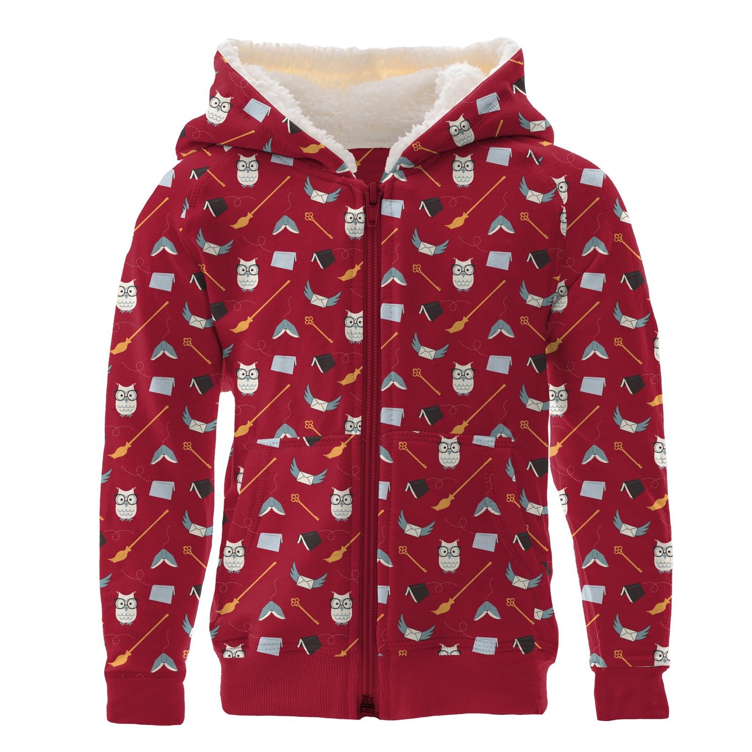 Print Fleece Zip-Front Hoodie with Sherpa-lined Hood in Crimson Magical World