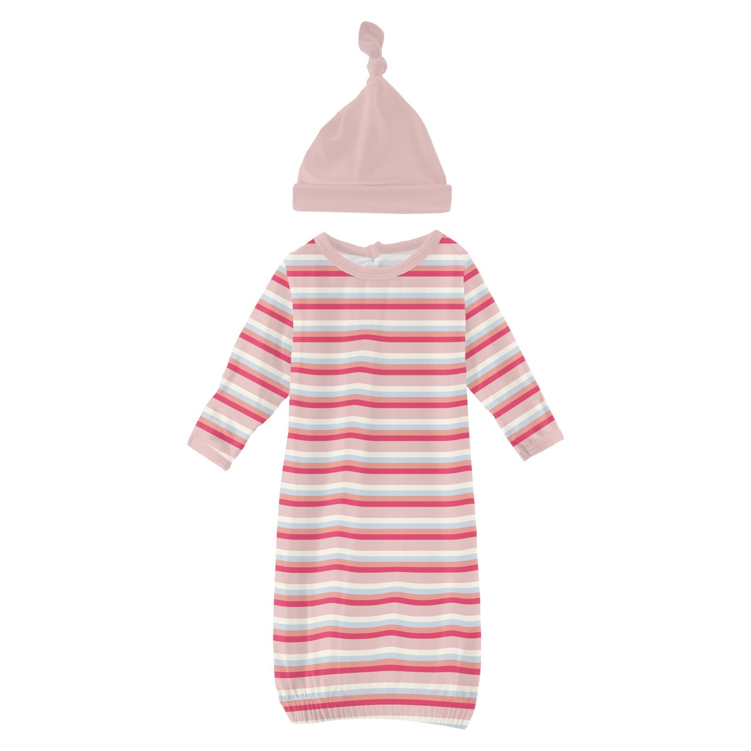 Print Layette Gown & Single Knot Hat Set in Baby Rose Stripe