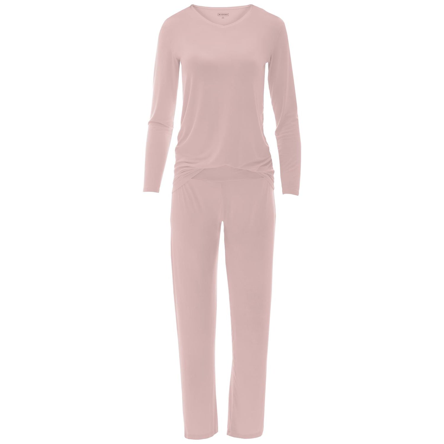 Women's Long Sleeve V-Neck Relaxed Tee & Pajama Pants Set in Baby Rose