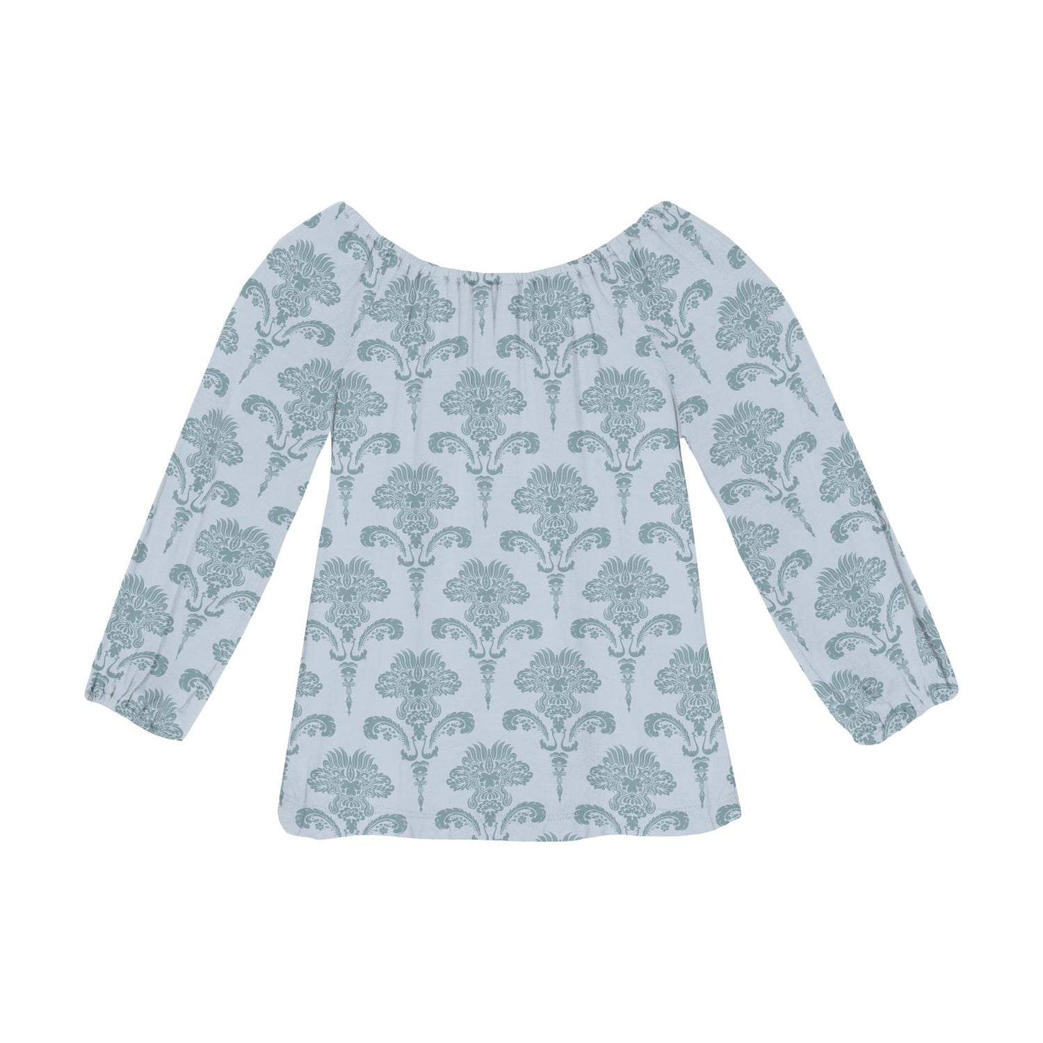 Print Long Sleeve Peasant Top in Illusion Blue Damask