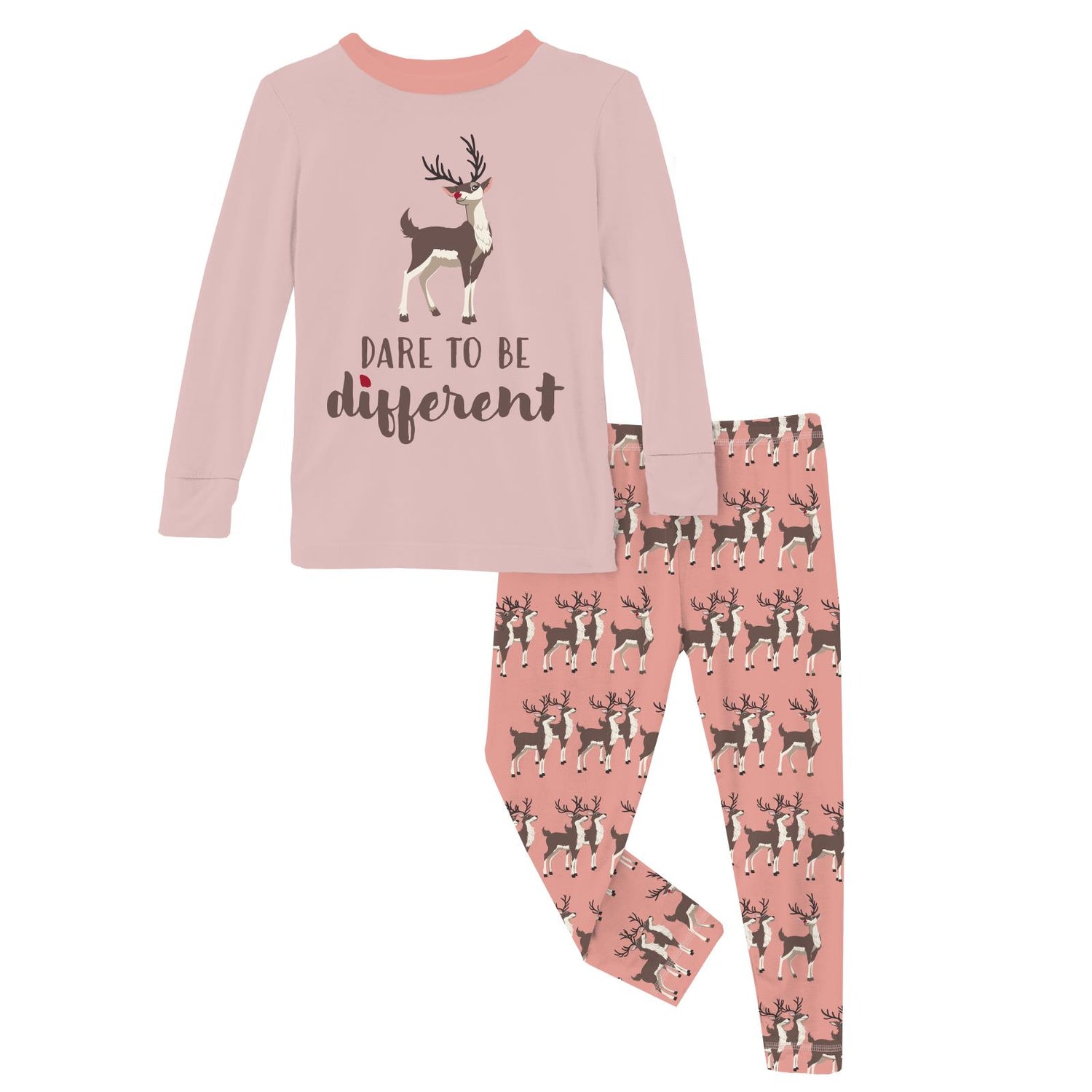 Long Sleeve Graphic Tee Pajama Set in Blush Rudolph