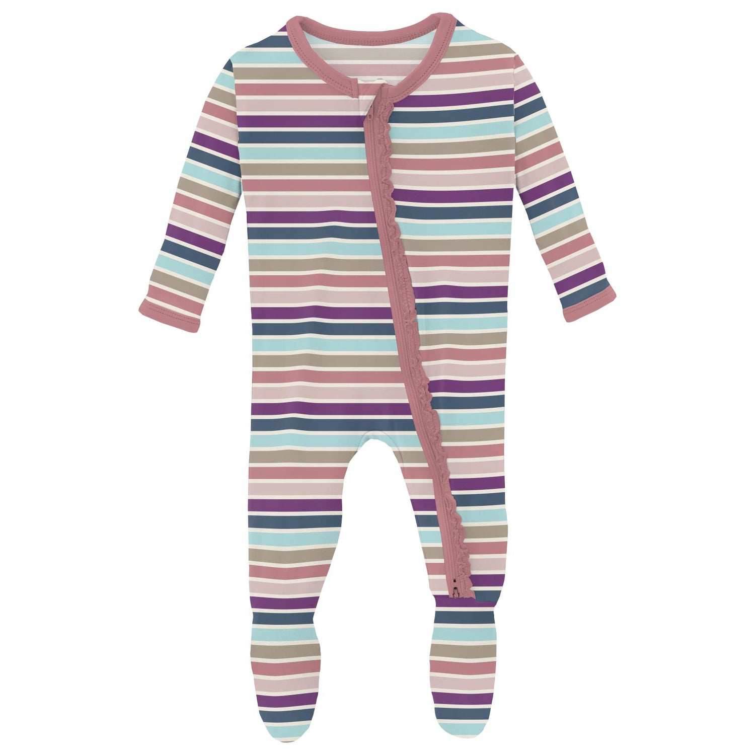 Print Muffin Ruffle Footie with 2 Way Zipper in Love Stripe (355765)