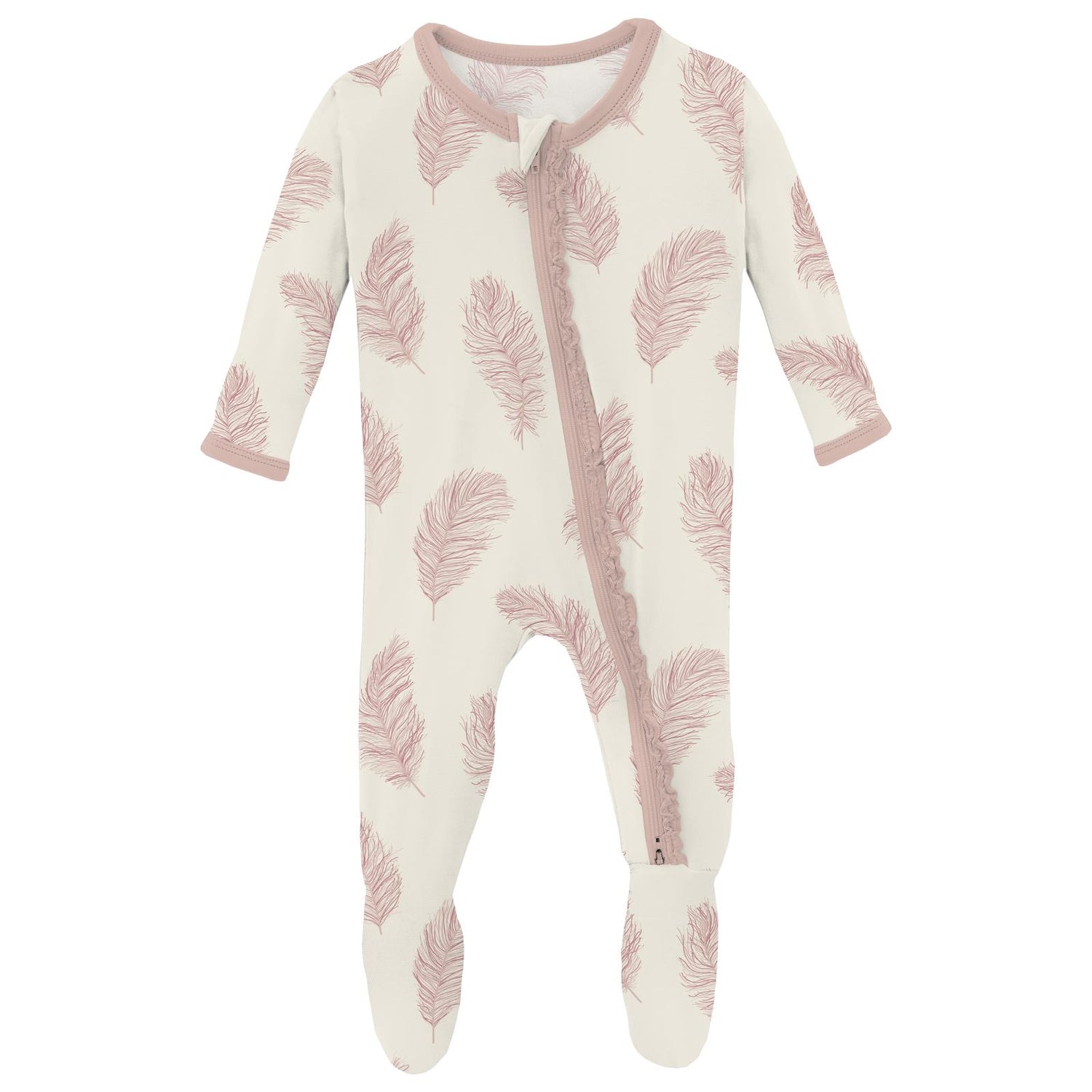 Print Muffin Ruffle Footie with 2 Way Zipper in Natural Feathers (355766)