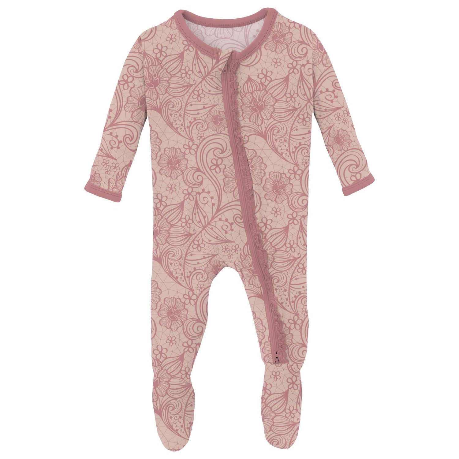 Print Muffin Ruffle Footie with 2 Way Zipper in Peach Blossom Lace (355768)