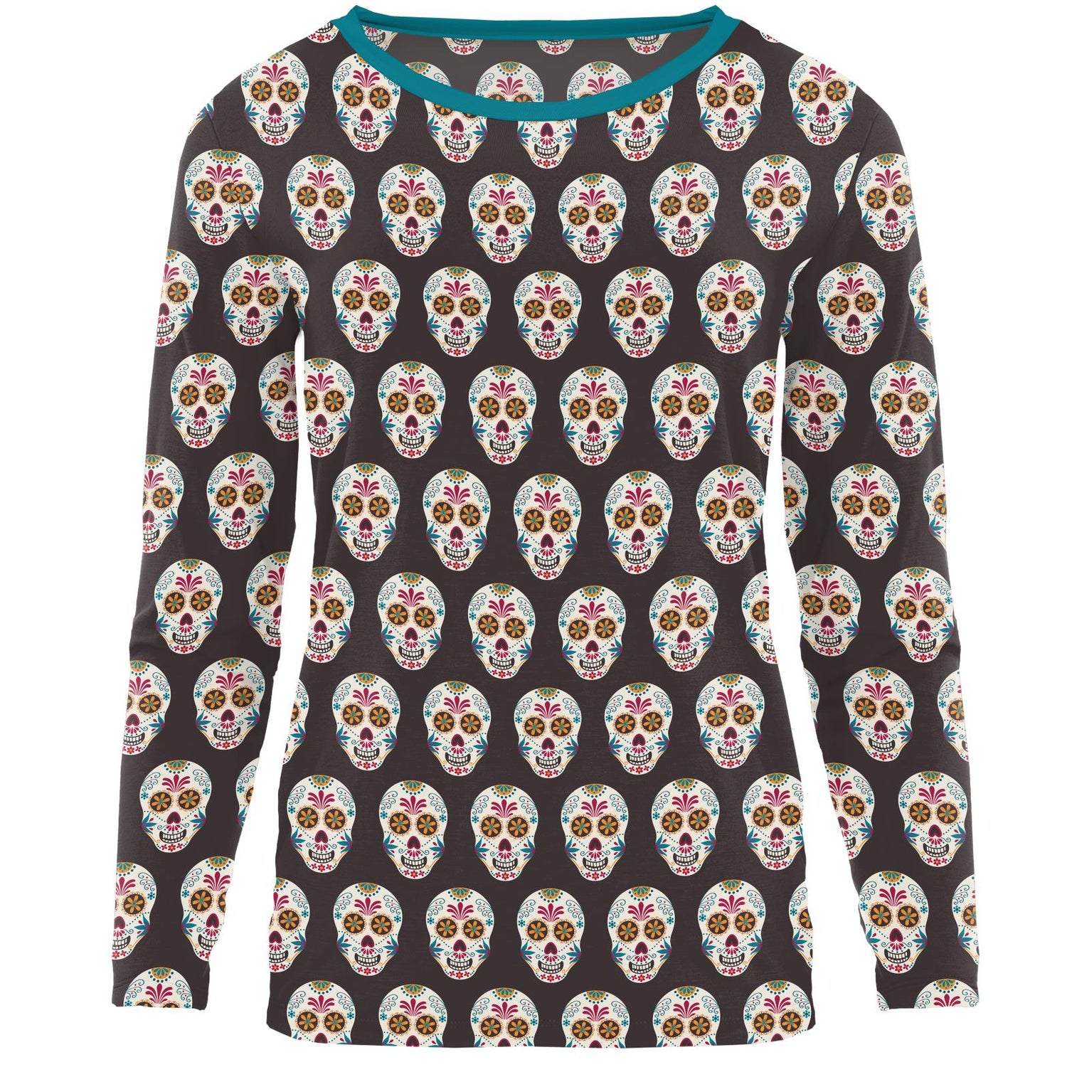 Women's Print Long Sleeve Relaxed Tee in Midnight Dia de los Muertos