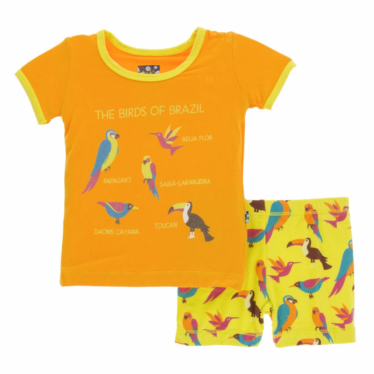 Print Short Sleeve Pajama Set with Shorts in Banana Tropical Birds