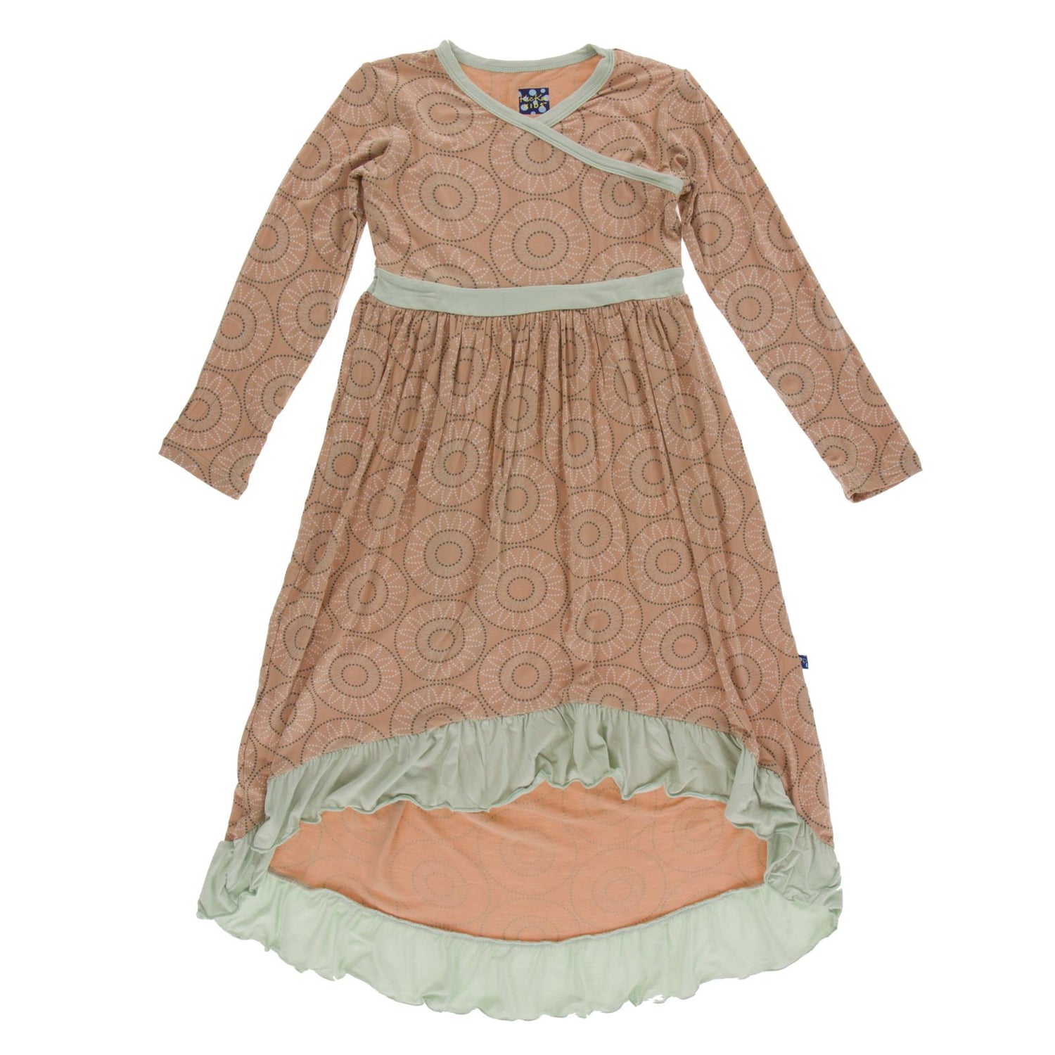 Print Long Sleeve Hi Lo Maxi Dress in Suede Bead Art