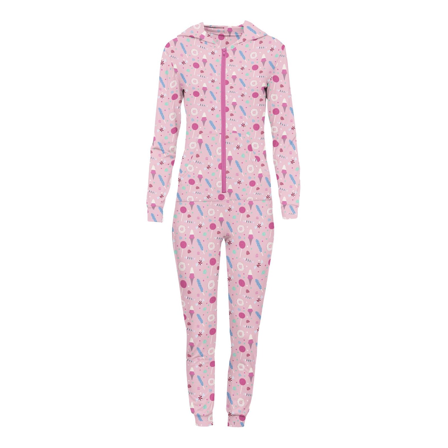 Women's Print Long Sleeve Jumpsuit with Hood in Cake Pop Candy Dreams