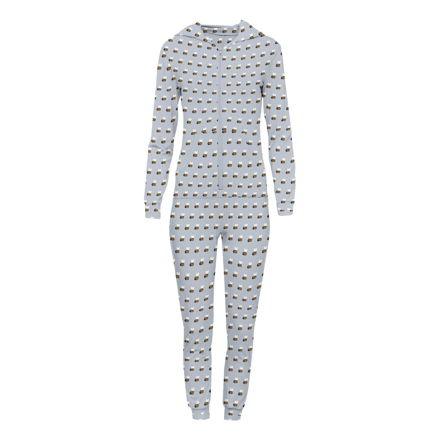 Women's Print Long Sleeve Jumpsuit with Hood in Pearl Blue Baby Bumblebee