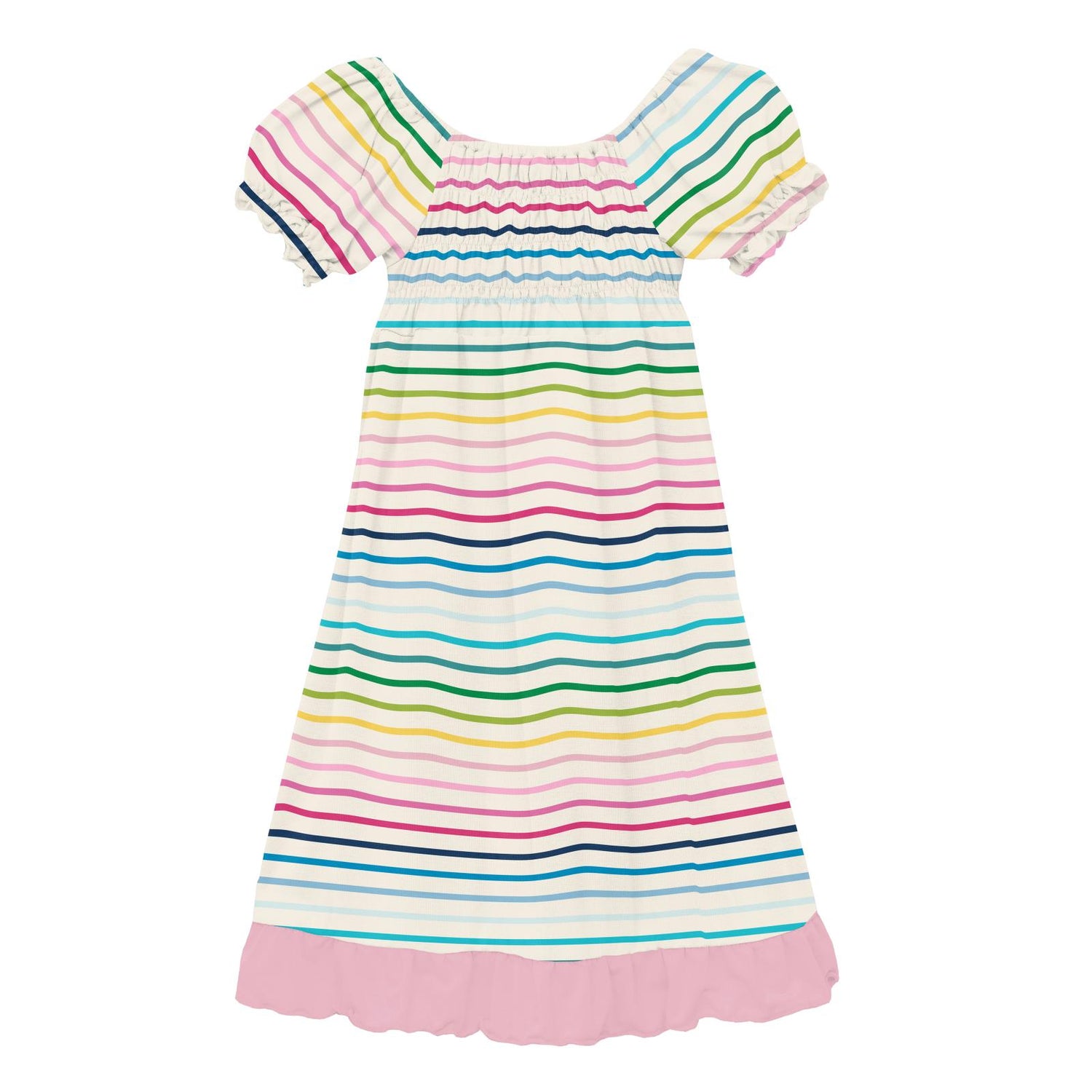 Print Short Sleeve Gathered Dress in Happy Stripe (312255)