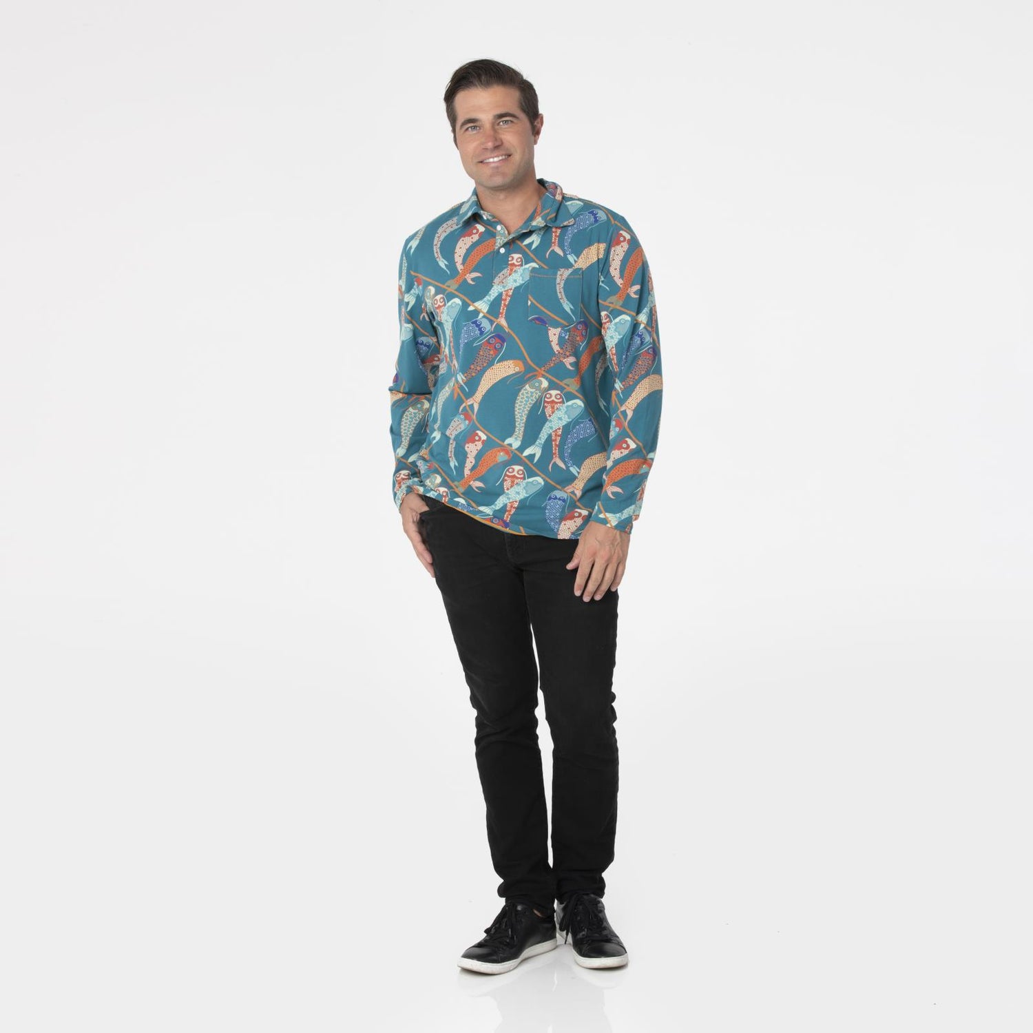 Men's Print Long Sleeve Luxe Jersey Polo with Pocket in Oasis Koinobori