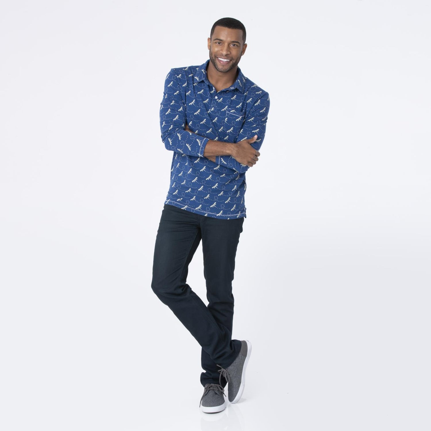 Men's Print Long Sleeve Luxe Jersey Polo with Pocket in Navy Dragonfly