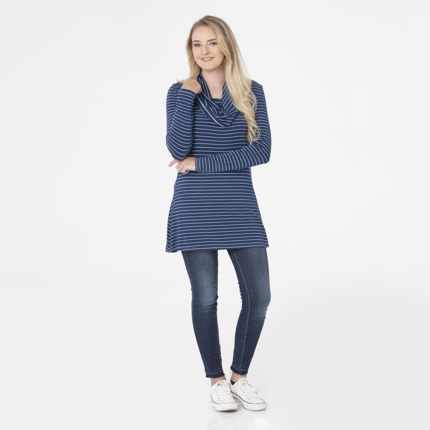 Print Women's Long Sleeve Cowl-Neck Tunic in Tokyo Navy Stripe