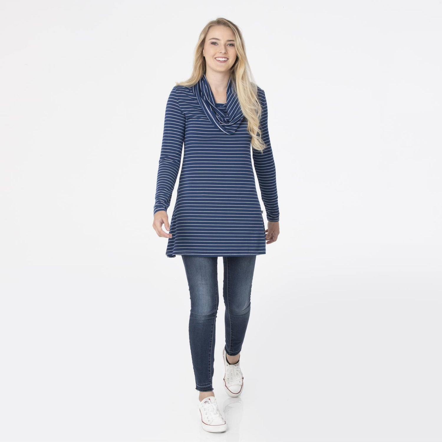 Print Women's Long Sleeve Cowl-Neck Tunic in Tokyo Navy Stripe