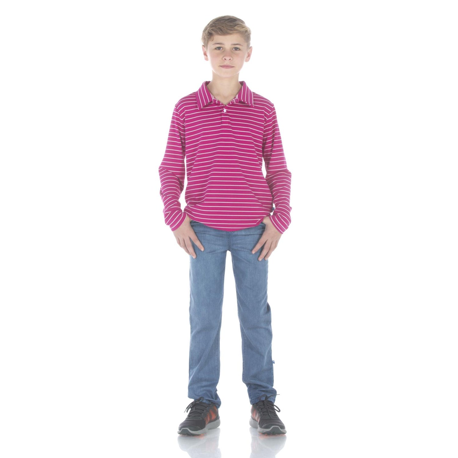 Print Long Sleeve Luxe Jersey Polo in Tokyo Dragonfruit Stripe (177366)