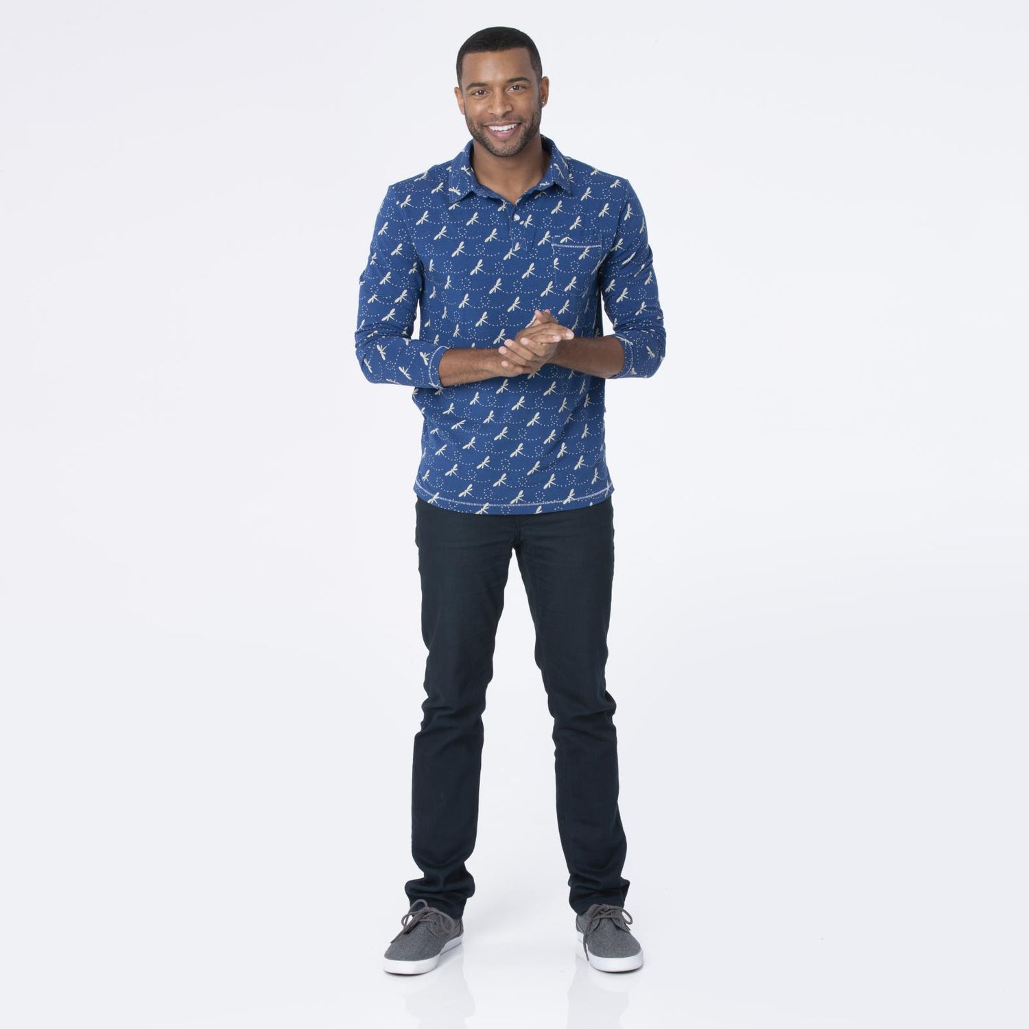 Men's Print Long Sleeve Luxe Jersey Polo with Pocket in Navy Dragonfly