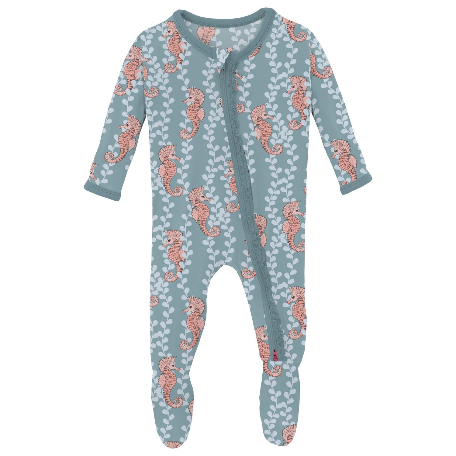 Print Muffin Ruffle Footie with 2 Way Zipper in Stormy Sea Seahorses