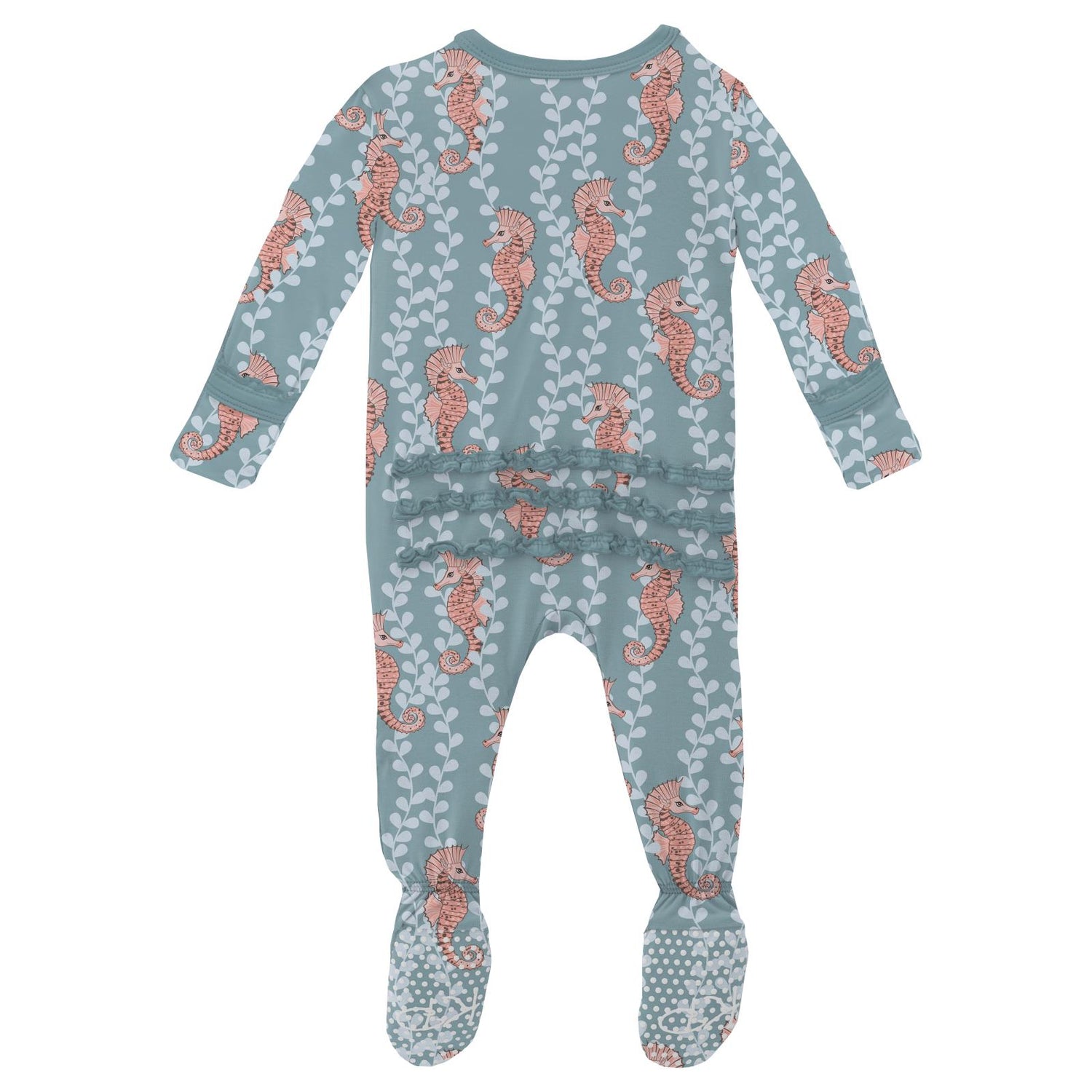 Print Muffin Ruffle Footie with 2 Way Zipper in Stormy Sea Seahorses