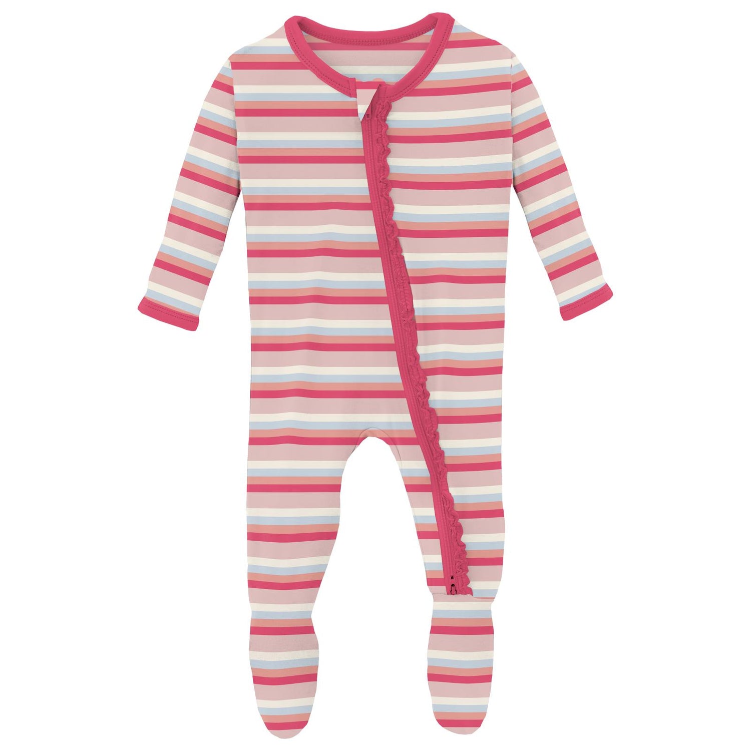 Print Muffin Ruffle Footie with 2 Way Zipper in Baby Rose Stripe