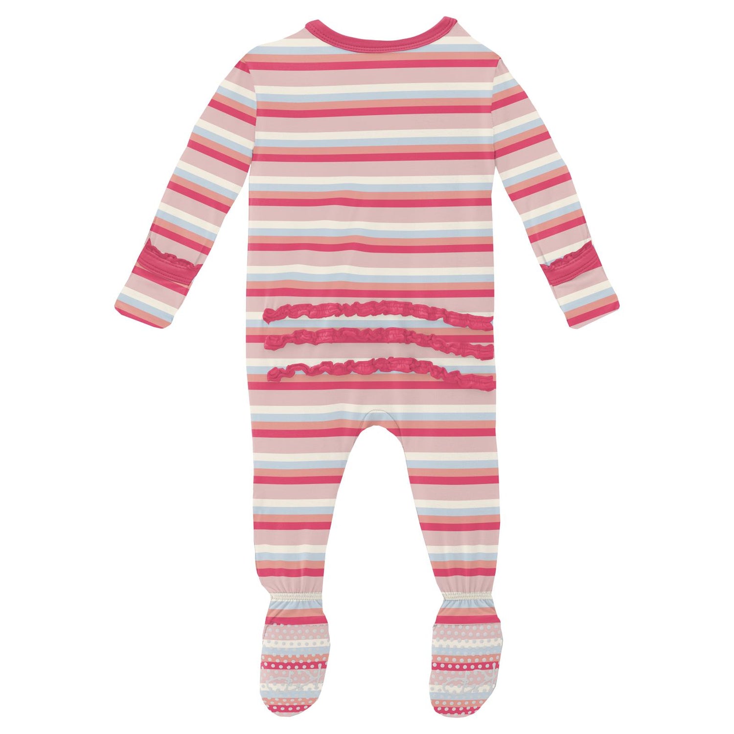 Print Muffin Ruffle Footie with 2 Way Zipper in Baby Rose Stripe