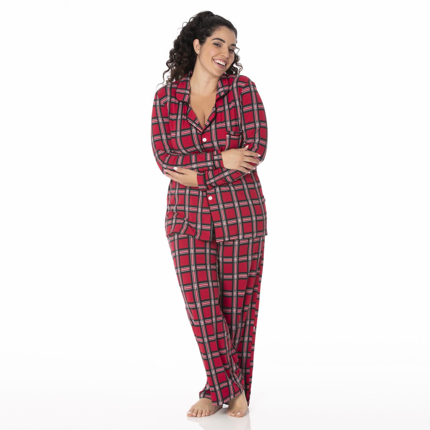 Women's Print Long Sleeve Collared Pajama Set in Classic Holiday Plaid (275066)