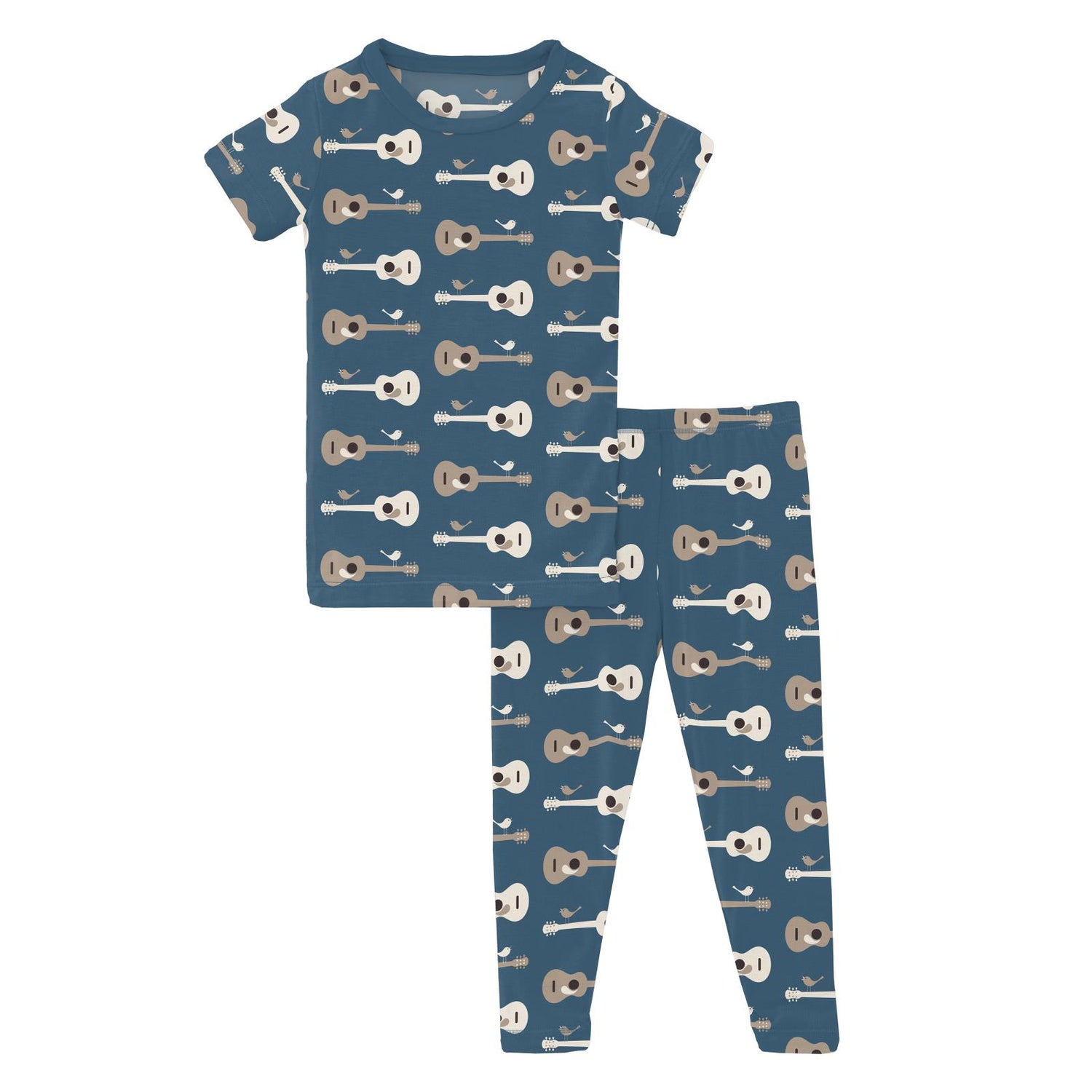 Print Short Sleeve Pajama Set in Deep Sea Guitar Birds