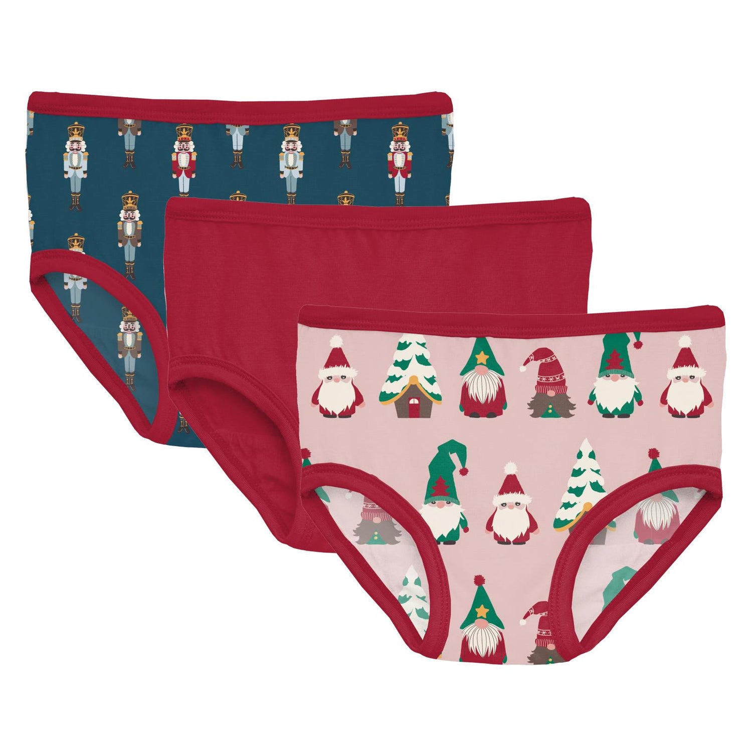 Print Girl's Underwear Set of 3 in Peacock Nutcrackers, Crimson & Baby Rose Gnomes