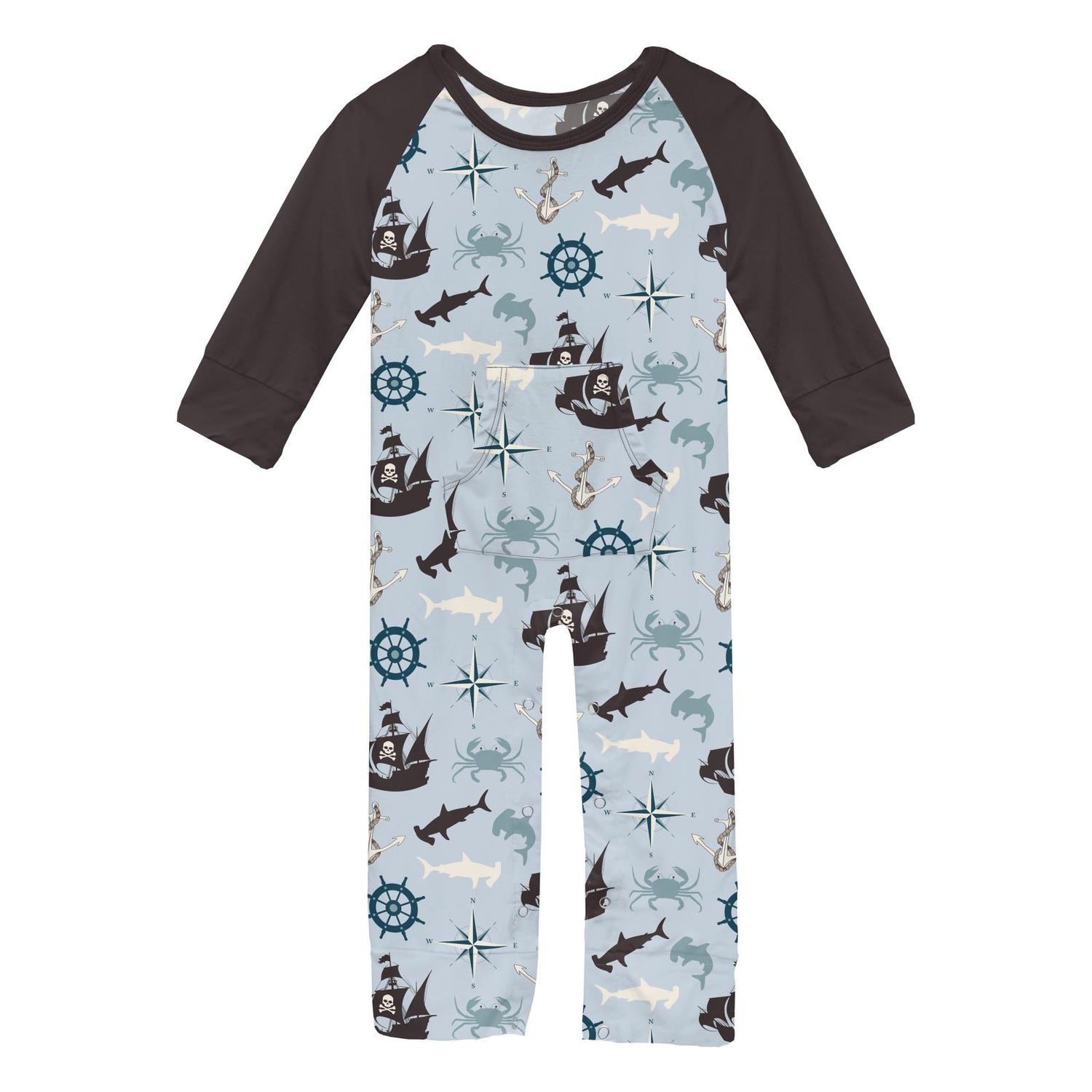 Print Long Sleeve Raglan Romper with Kangaroo Pocket in Illusion Blue Pirate Adventure