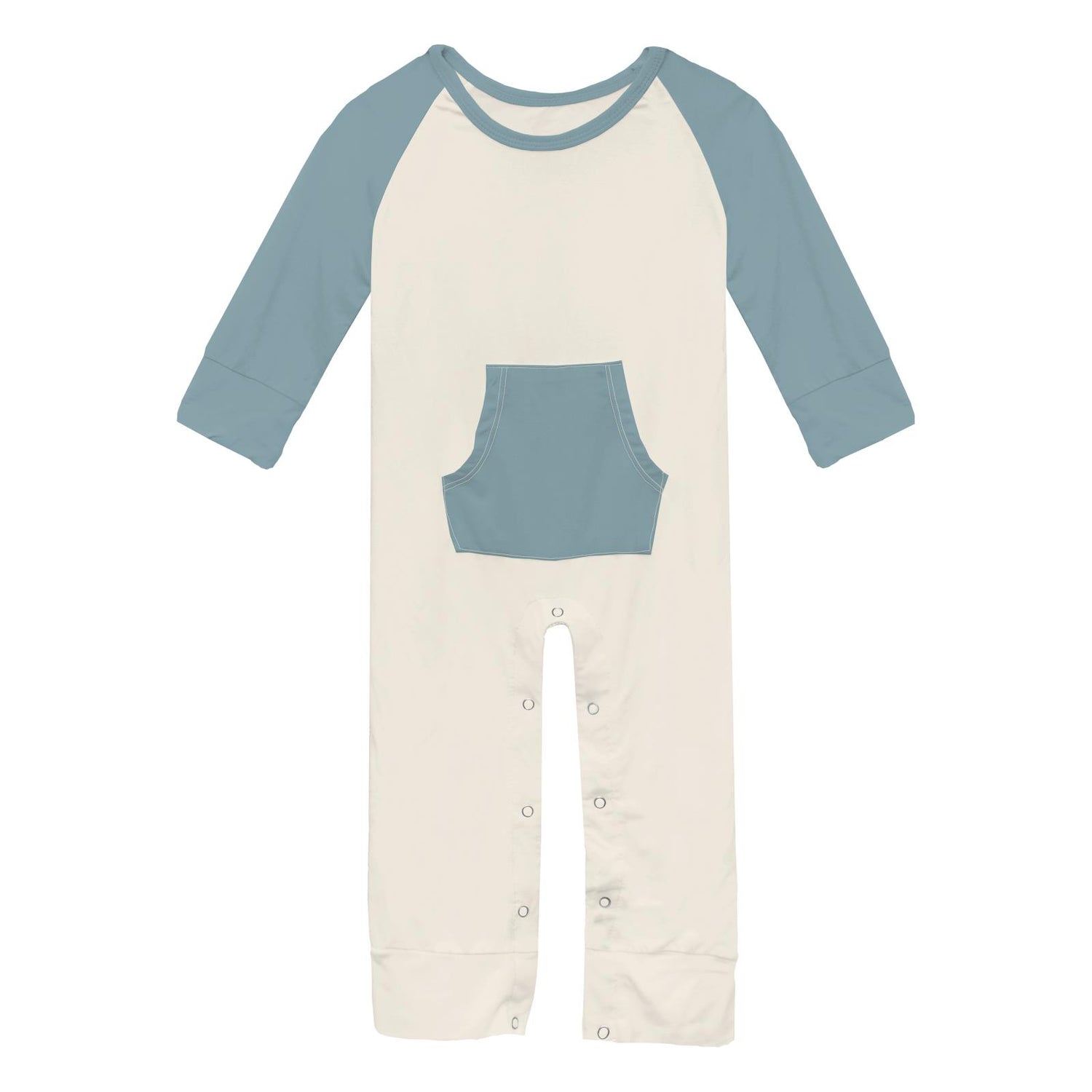 Long Sleeve Raglan Romper with Kangaroo Pocket in Natural with Stormy Sea