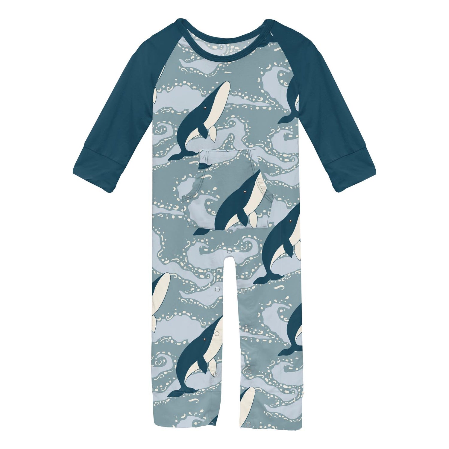 Print Long Sleeve Raglan Romper with Kangaroo Pocket in Stormy Sea Splashing Whales