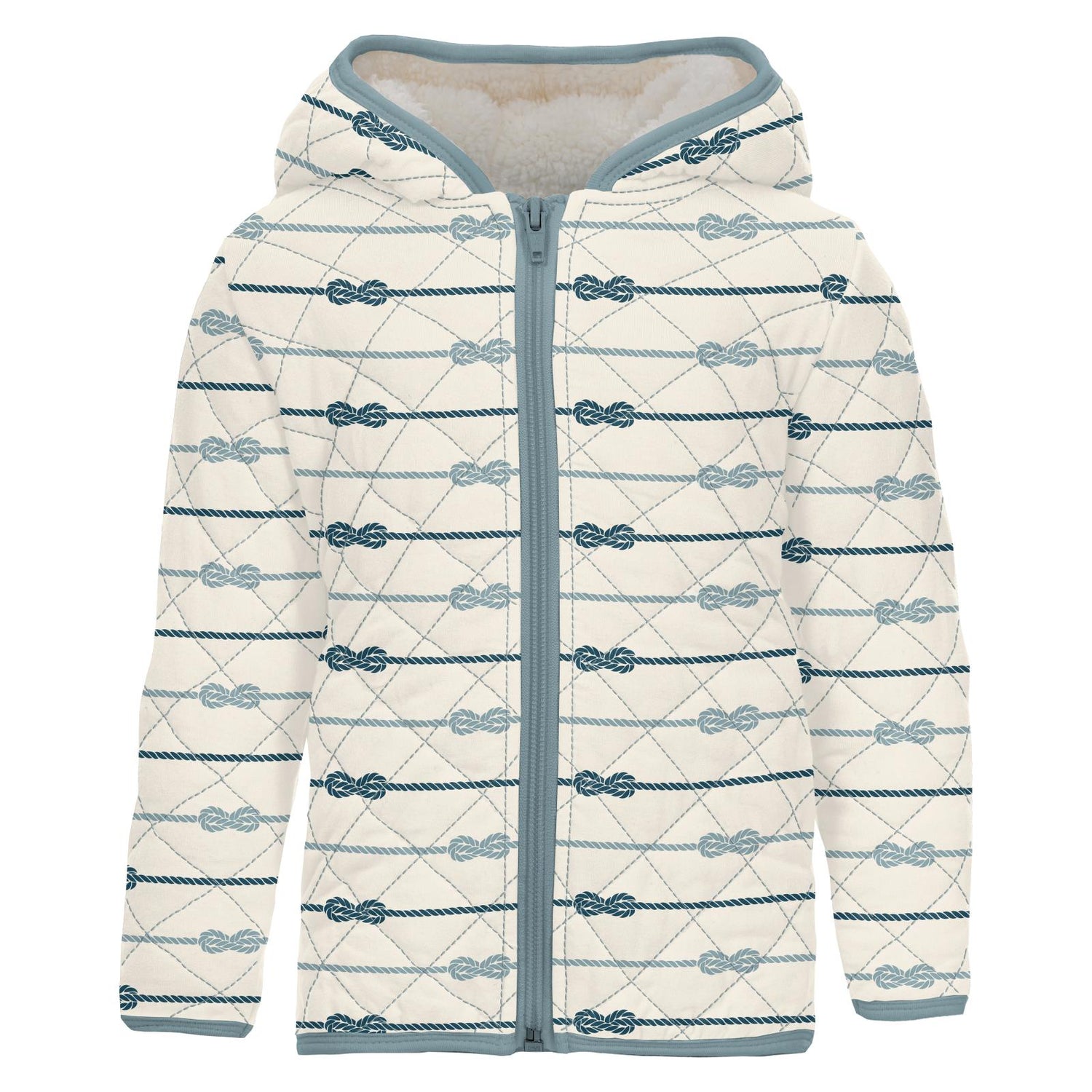 Print Quilted Jacket with Sherpa-Lined Hood in Natural Boat Rope/Stormy Sea Splashing Whales