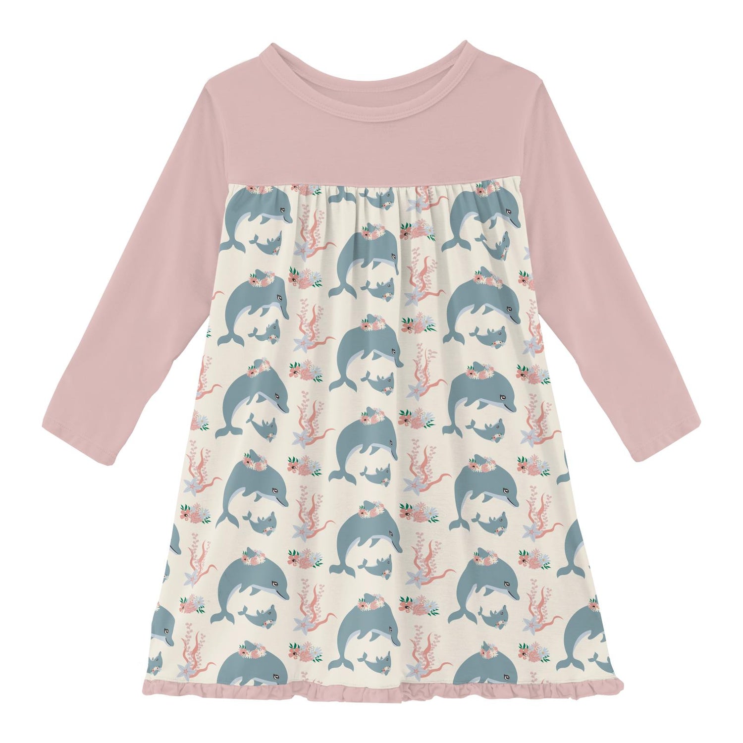 Print Classic Long Sleeve Swing Dress in Natural Dolphins