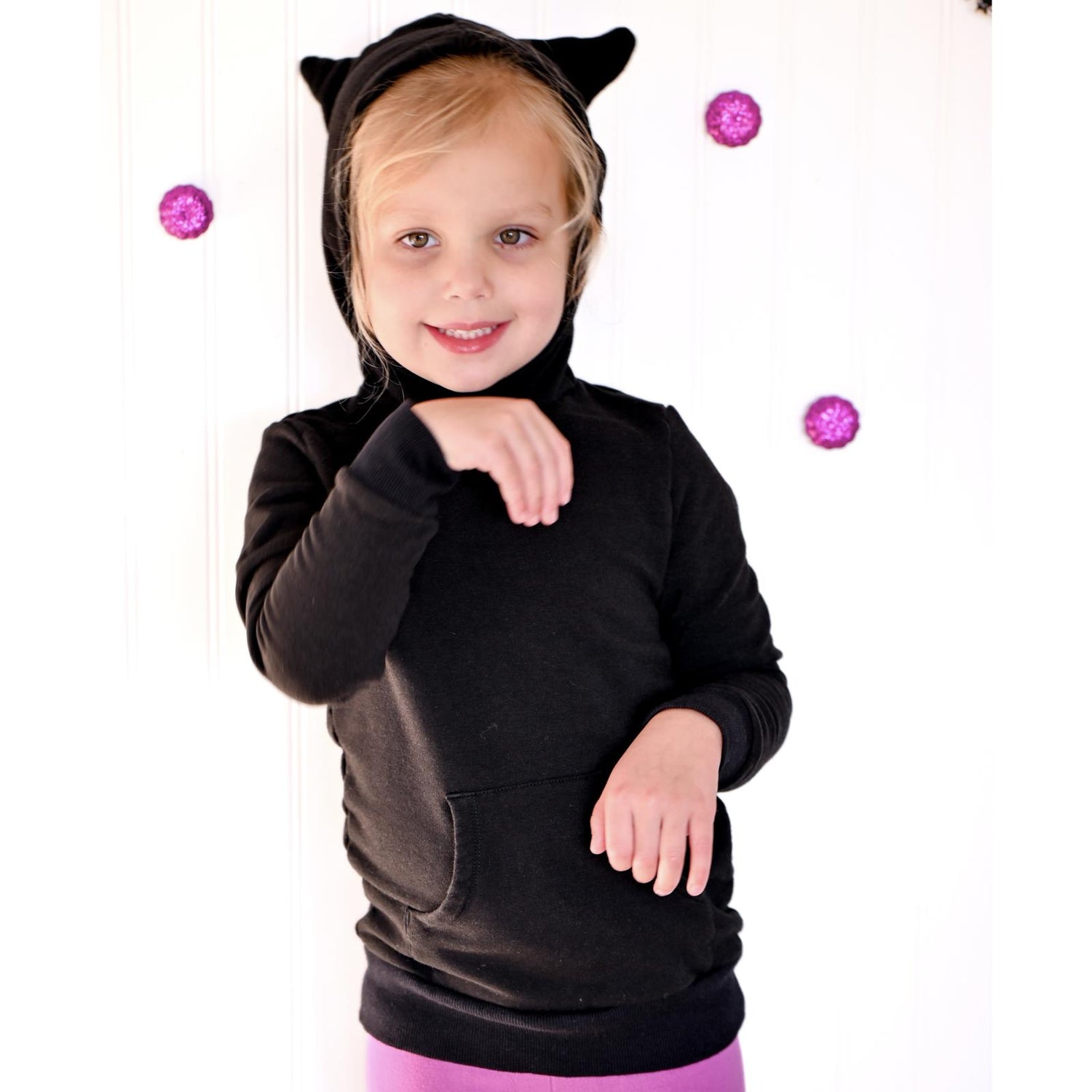 Fleece Kangaroo Pocket Pullover with Cat Ears in Midnight