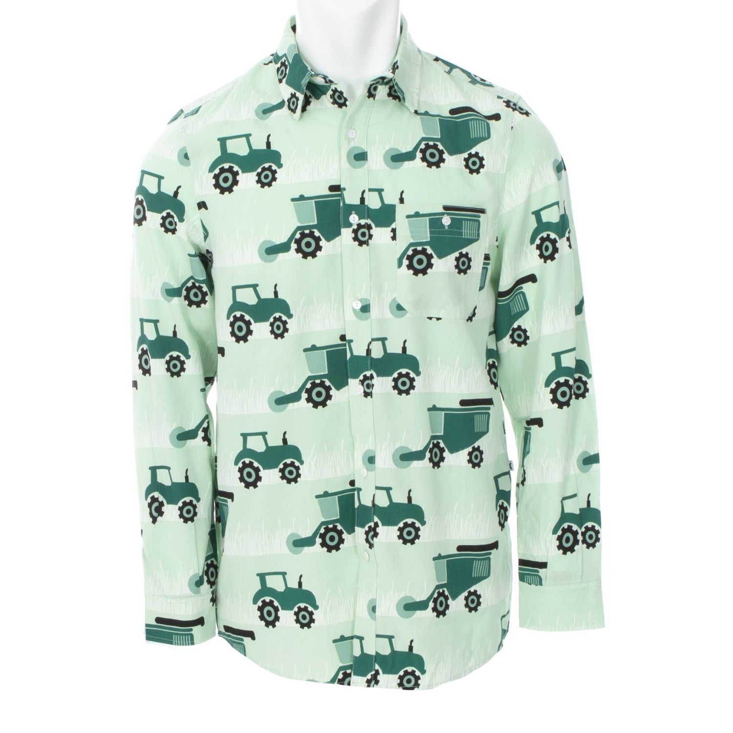 Men's Print Long Sleeve Woven Button-Down Shirt in Pistachio Tractors and Wheat