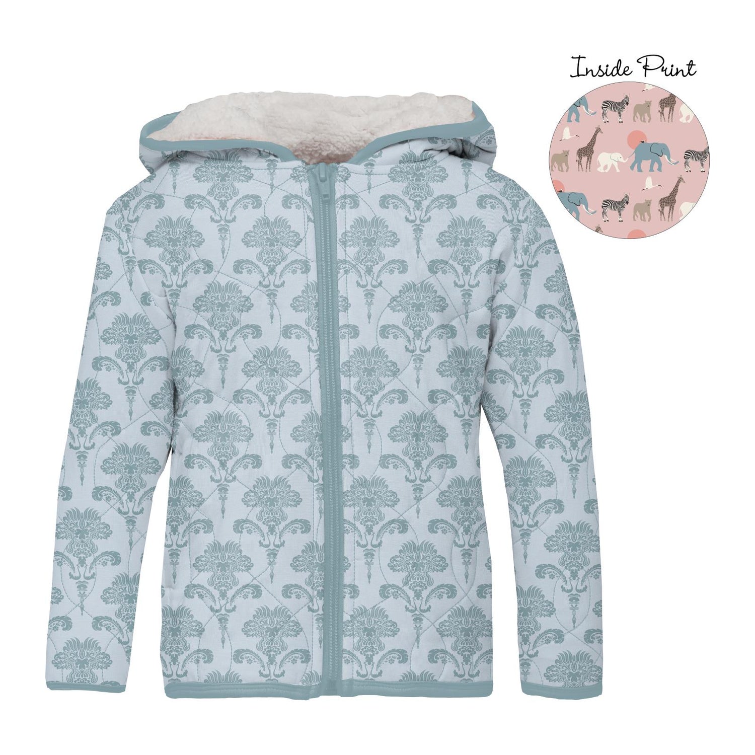 Print Quilted Jacket with Sherpa-Lined Hood in Illusion Blue Damask/Baby Rose Just So Animals