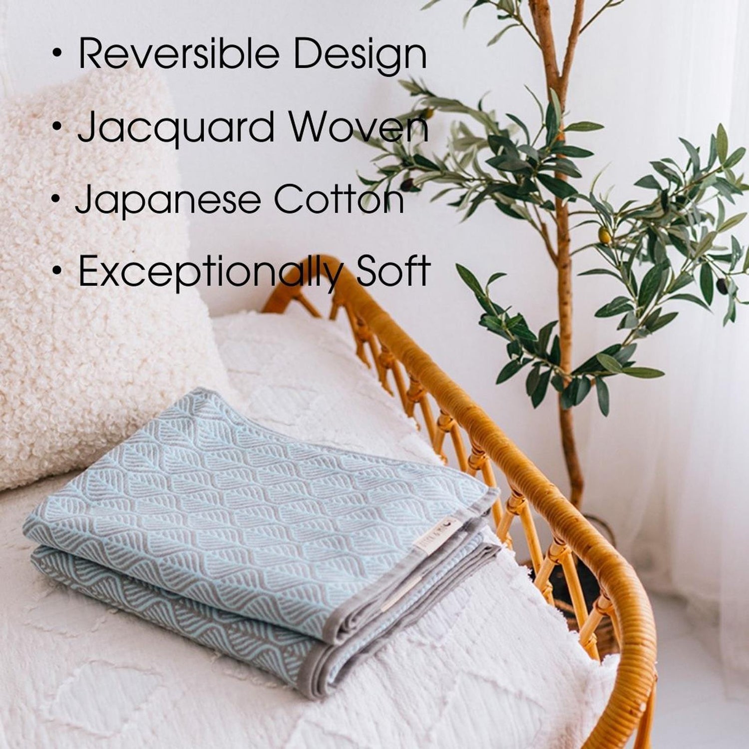 Soft Spun Cotton Jacquard Muslin Blanket 40 x 60 in Baby Blue/Eucalyptus Leaves (360483)