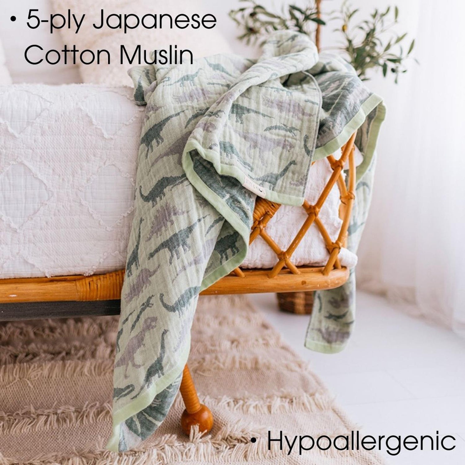 Soft Spun Cotton Jacquard Muslin Blanket 40 x 60 in Cypress/Mossy Meadow Dino (360497)