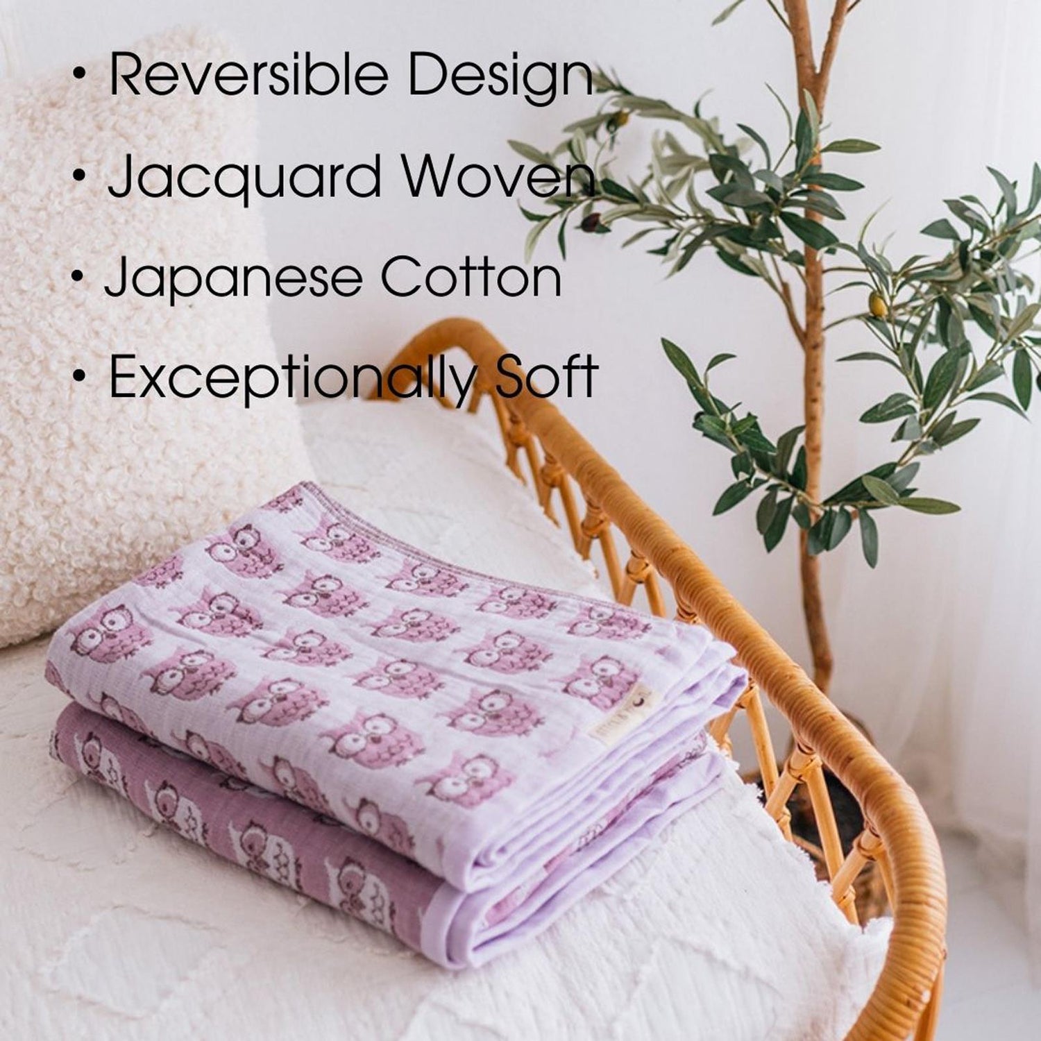 Soft Spun Cotton Jacquard Muslin Blanket 40 x 60 in Wisteria/Lavender Mist Wise Owls (360491)