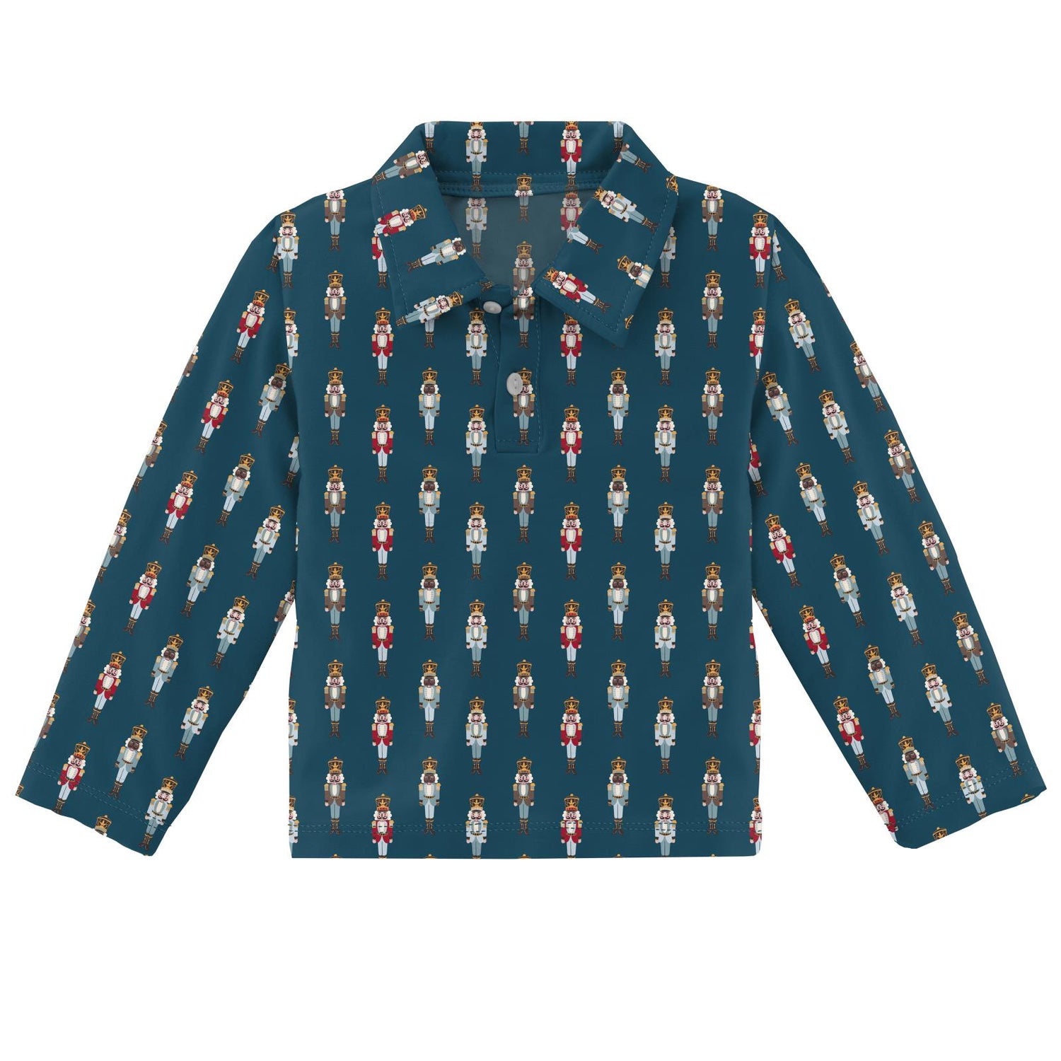 Print Long Sleeve Polo in Peacock Nutcrackers