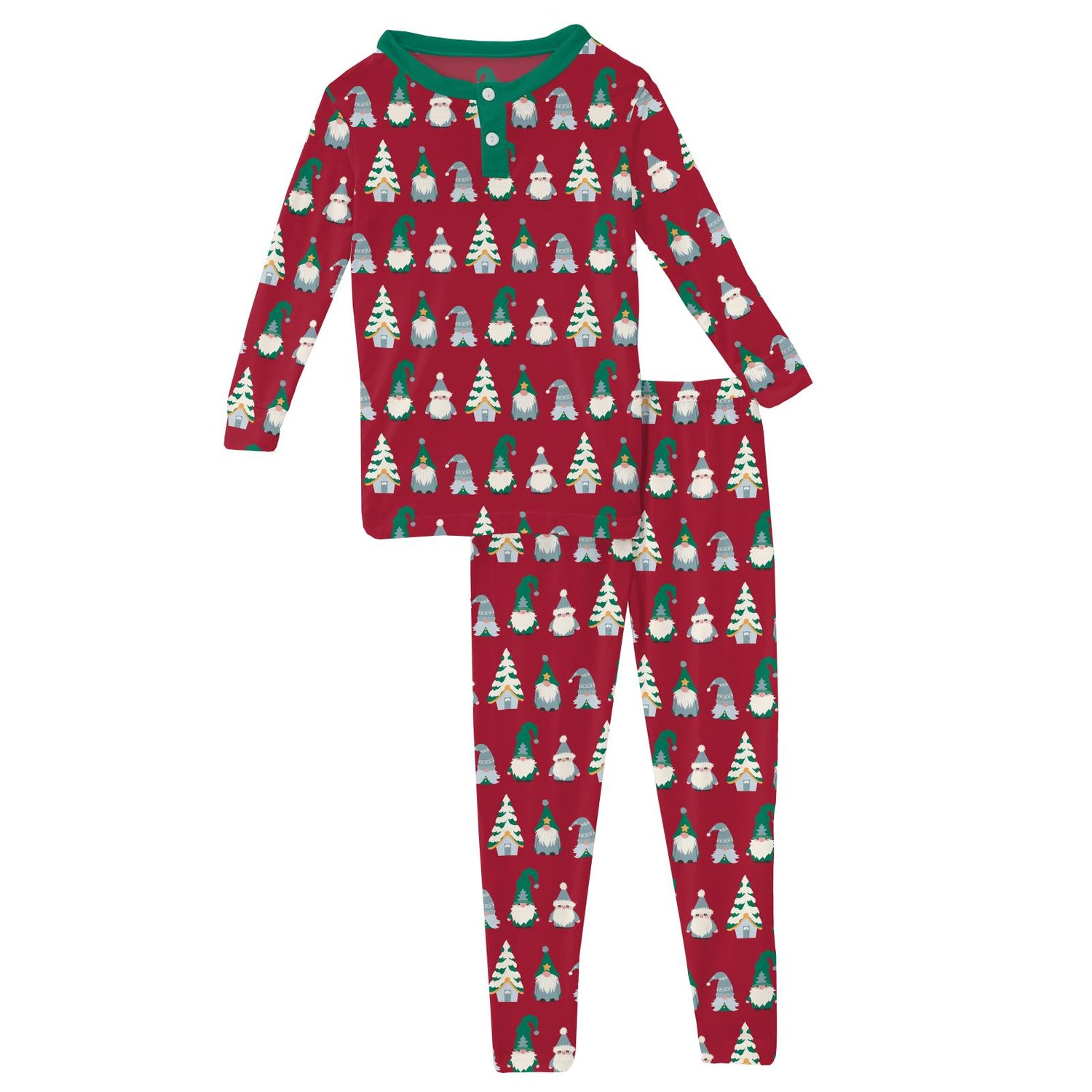 Print Long Sleeve Henley Pajama Set in Crimson Gnomes