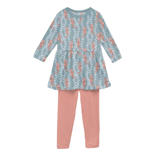 Print Long Sleeve Playtime Outfit Set in Stormy Sea Seahorses