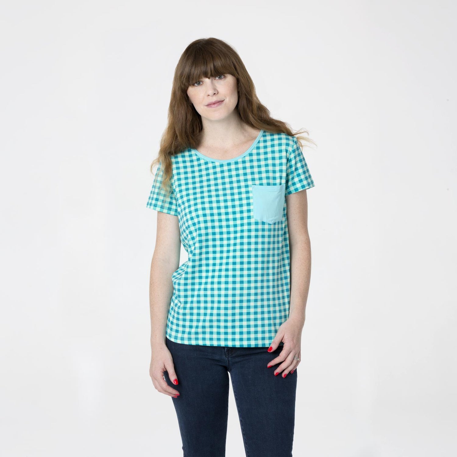 Print Short Sleeve Relaxed Tee with Pocket in Pistachio Gingham