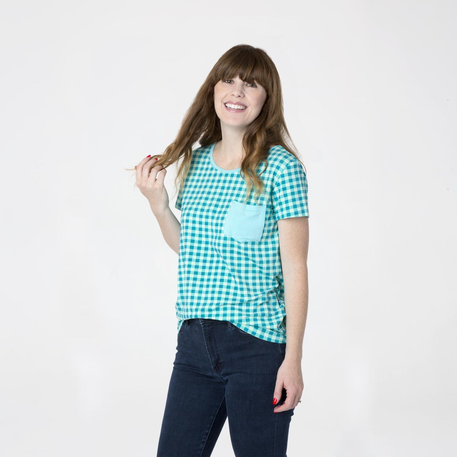 Print Short Sleeve Relaxed Tee with Pocket in Pistachio Gingham