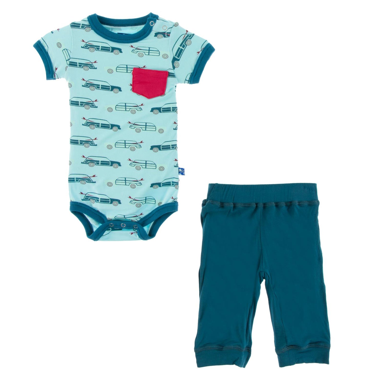 Print Short Sleeve Pocket One Piece & Pant Outfit Set in Shining Sea Woody