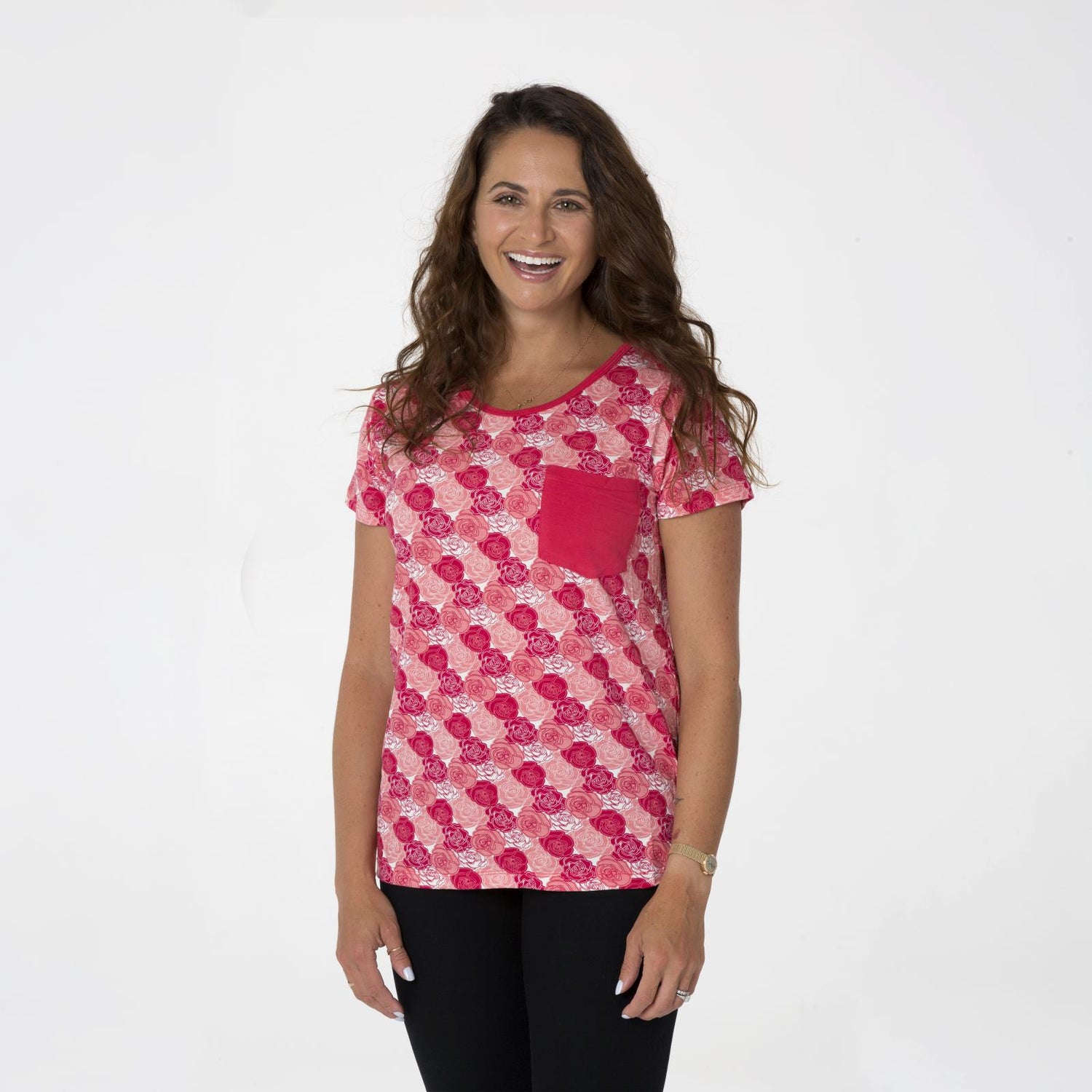 Print Short Sleeve Relaxed Tee with Pocket in Roses