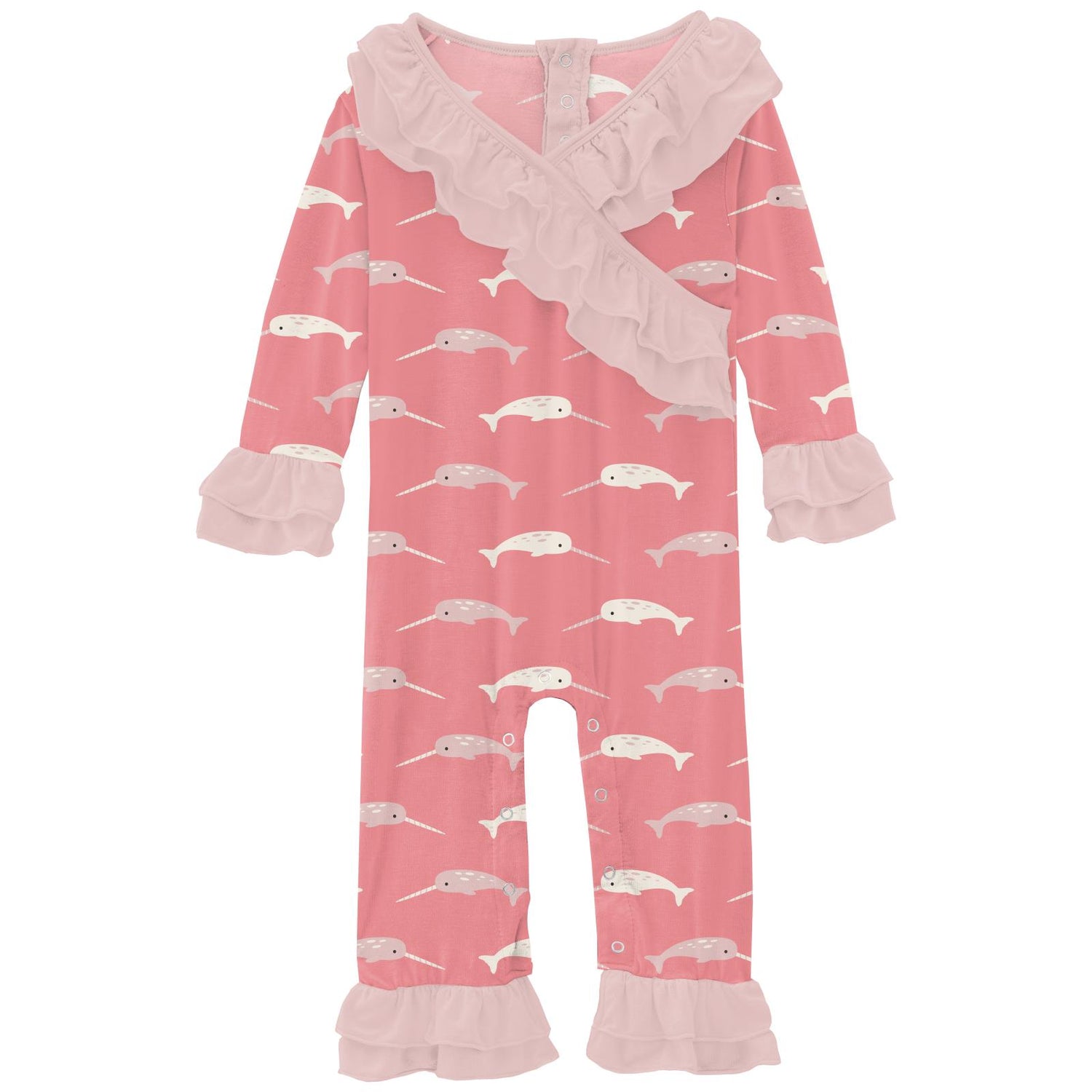 Print Long Sleeve Kimono Double Ruffle Romper in Strawberry Narwhal