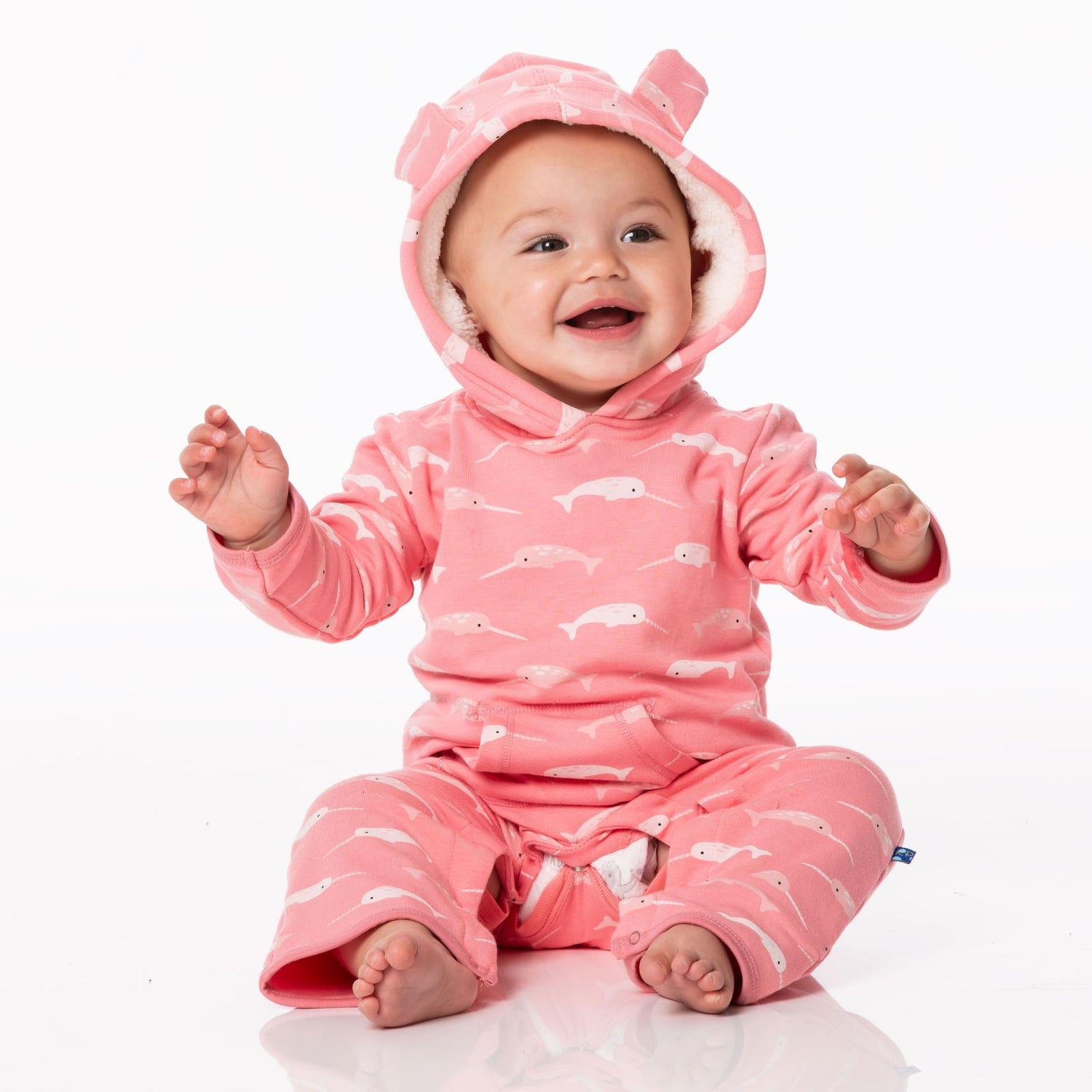 Print Fleece Coverall with Ears and Kangaroo Pocket in Strawberry Narwhal