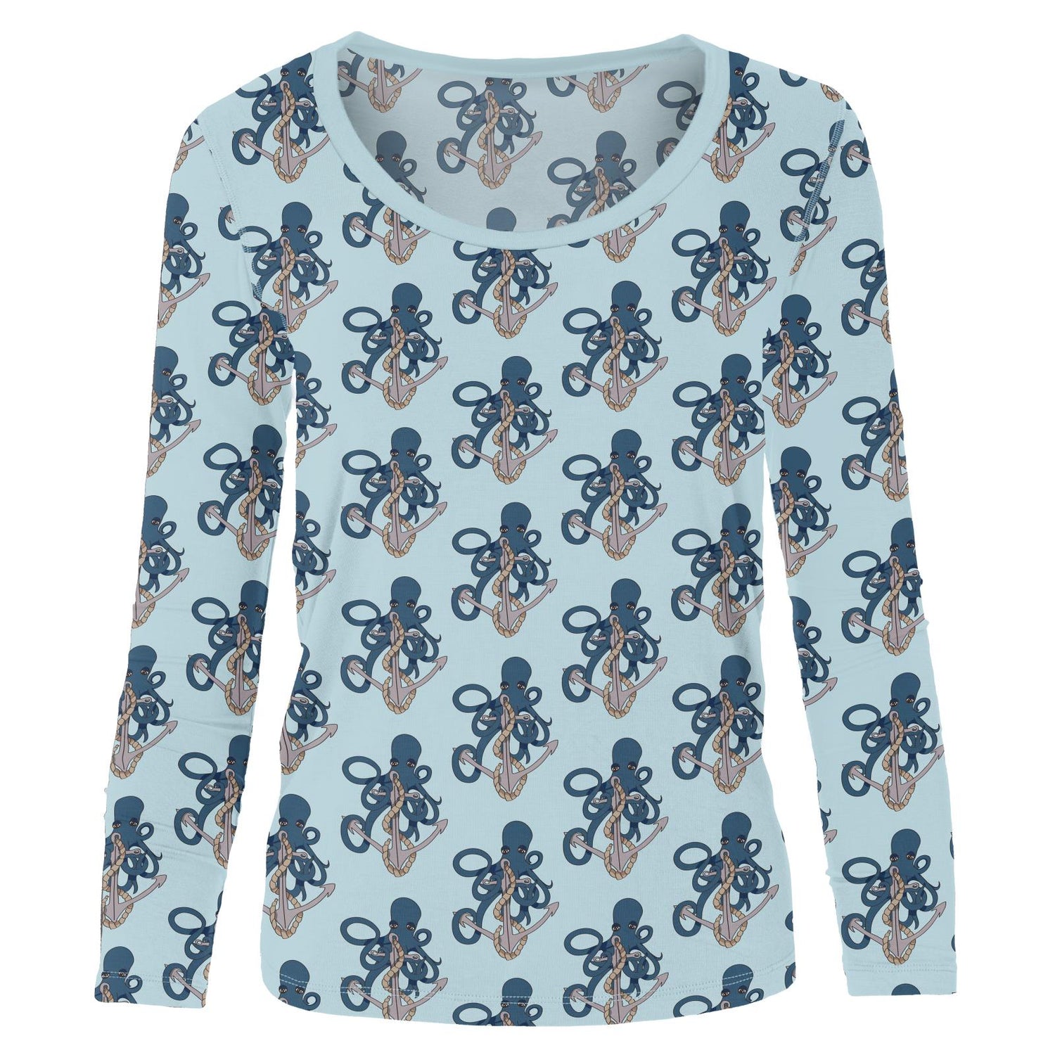 Women's Print Long Sleeve Scoop Neck Tee in Spring Sky Octopus Anchor