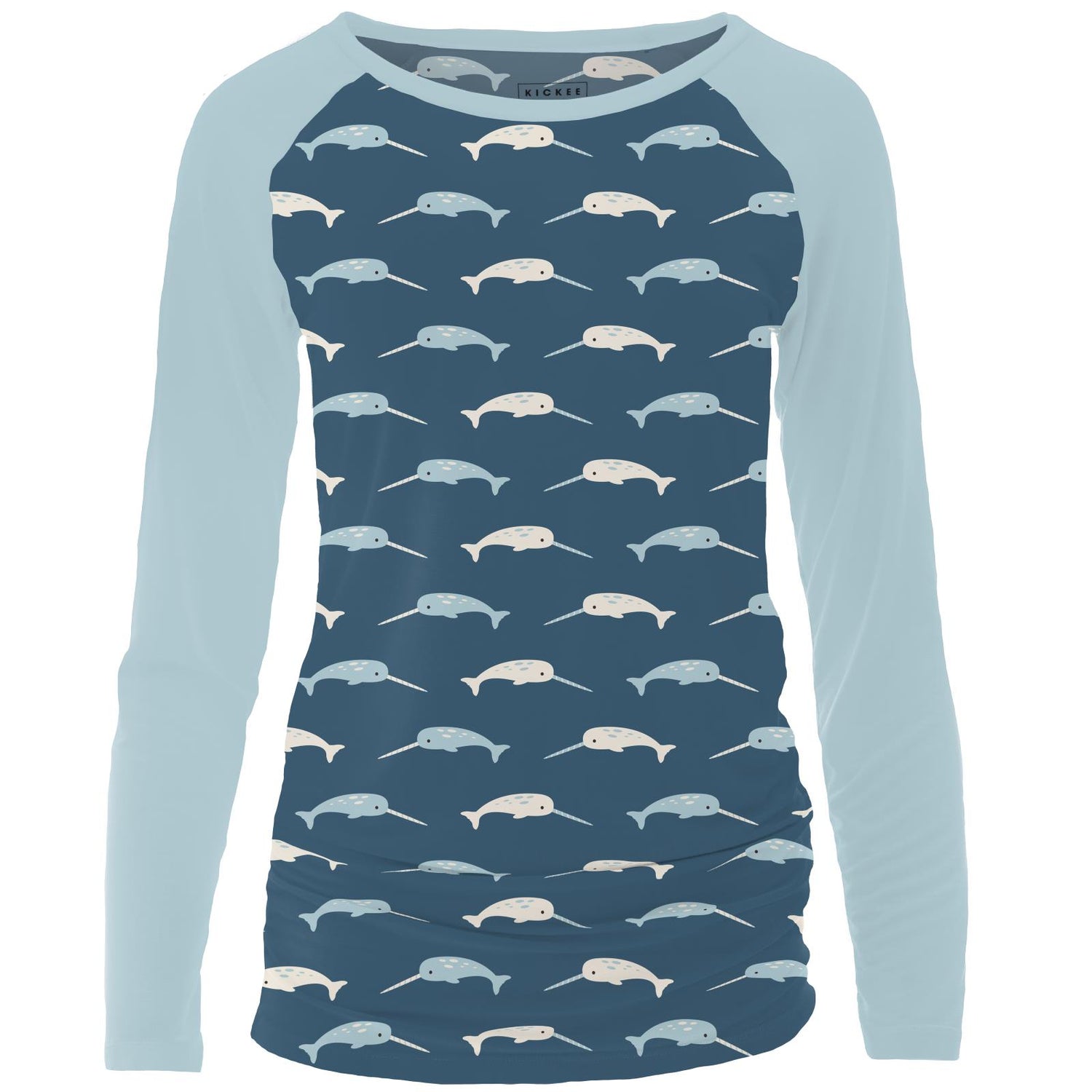 Women's Print Long Sleeve Raglan Maternity Tee in Deep Sea Narwhal