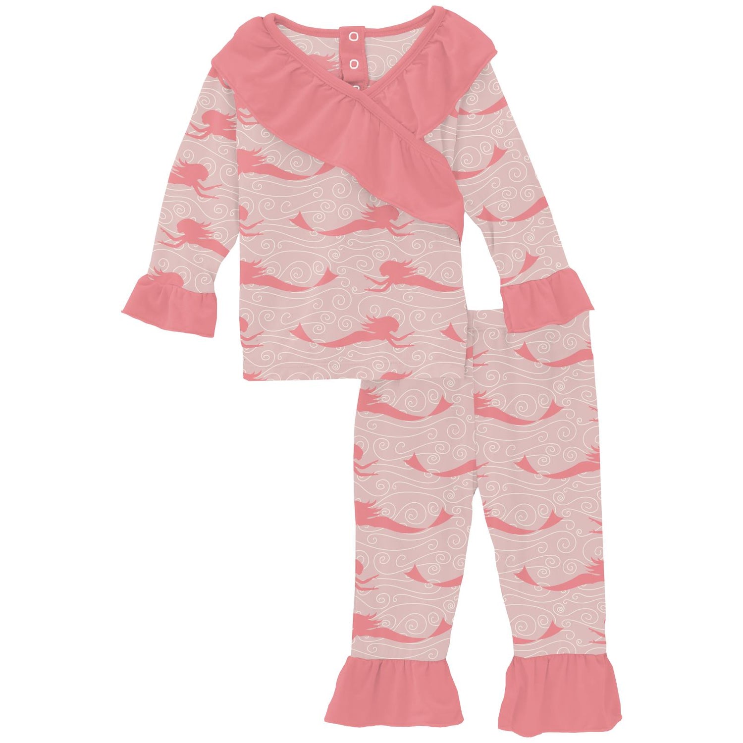 Print Long Sleeve Kimono Ruffle Outfit Set in Baby Rose Mermaid